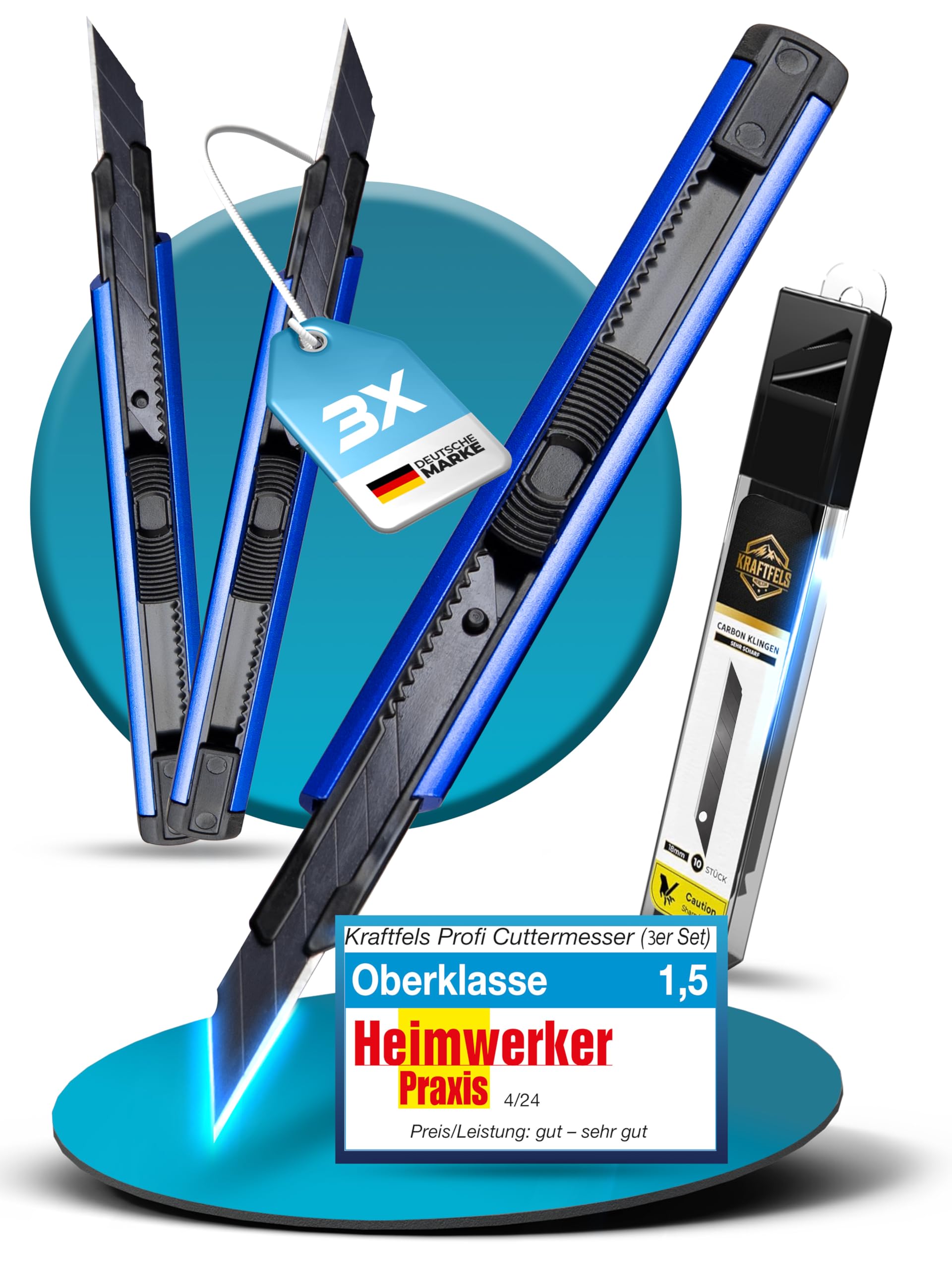 3 x Cuttermesser klein Profi Set (Alu Gehäuse) - inkl. 13x SK5 Carbonstahl Klingen 9mm extra scharf mit 30 Grad Spitze - Cuttermesser 9mm Set - Teppichmesser 9mm - Cutter Messer - Kattermesser Metall