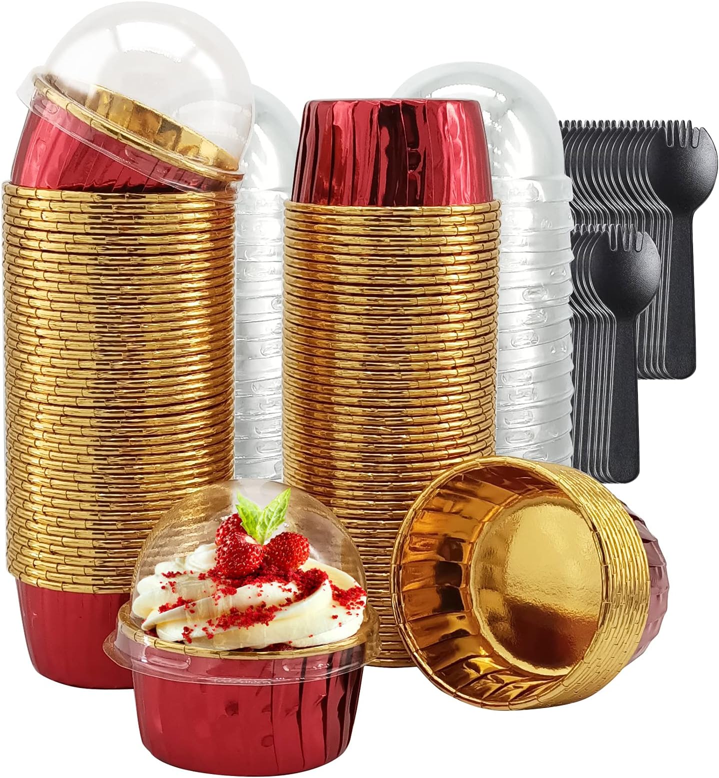 LNYZQUS Cupcake Liners with Dome Lids 100 Pack, 5.5Oz Foil Baking Cups Muffin Tin,Large Cupcake Wrappers Souffle Pudding Ramekin Holders for Christmas Wedding Birthday Party,with Spoons-Red in Gold