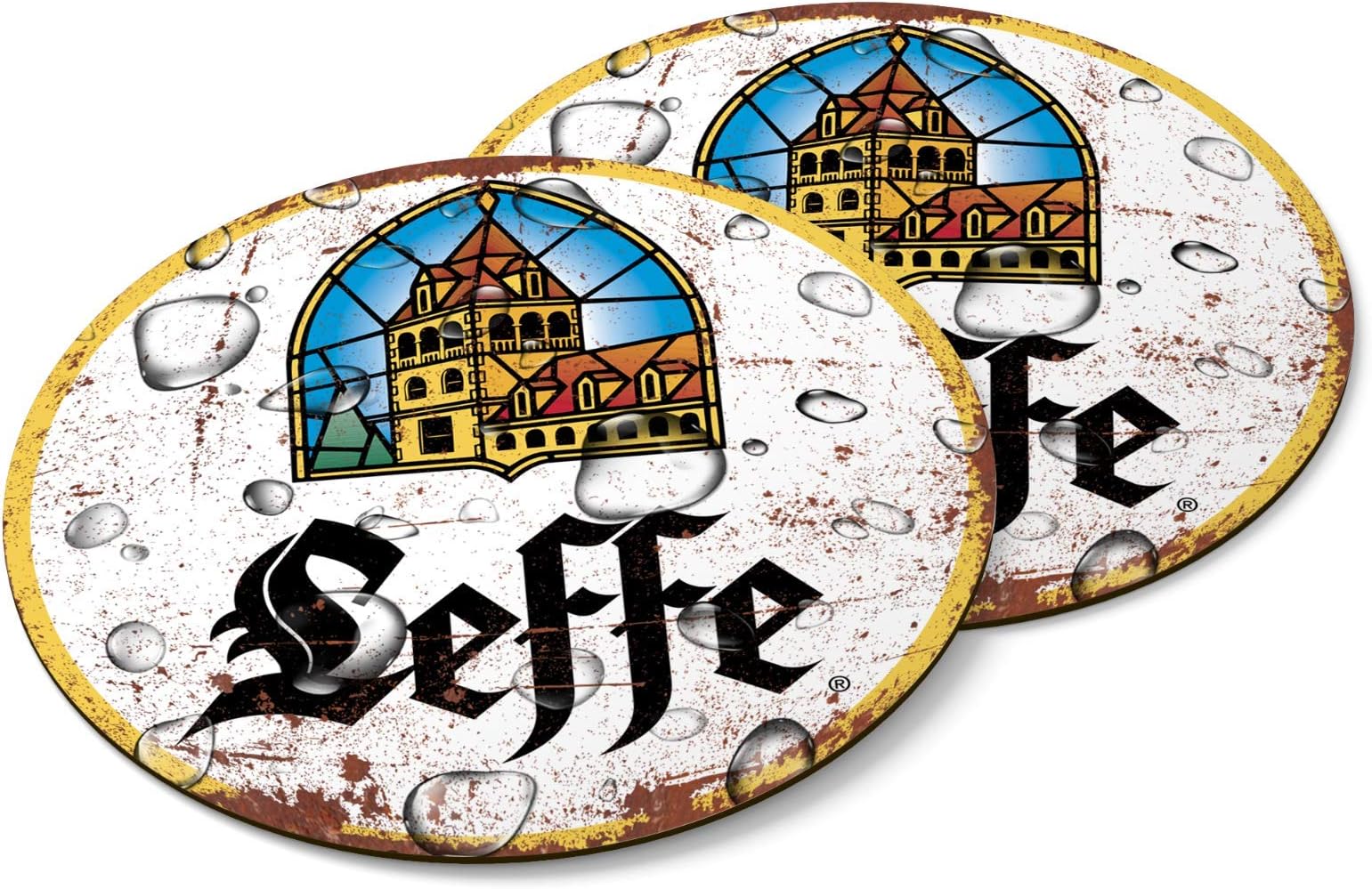 Two LEFFE Wooden Coasters Mancave Vintage Retro Wood Bar Pub Wall Round Coaster