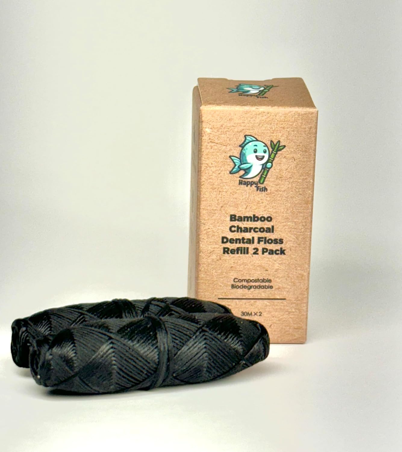 Vegan Biodegradable Happy Fish Dental Woven Floss Bamboo Charcoal Refill Pack (4 Count) image 2