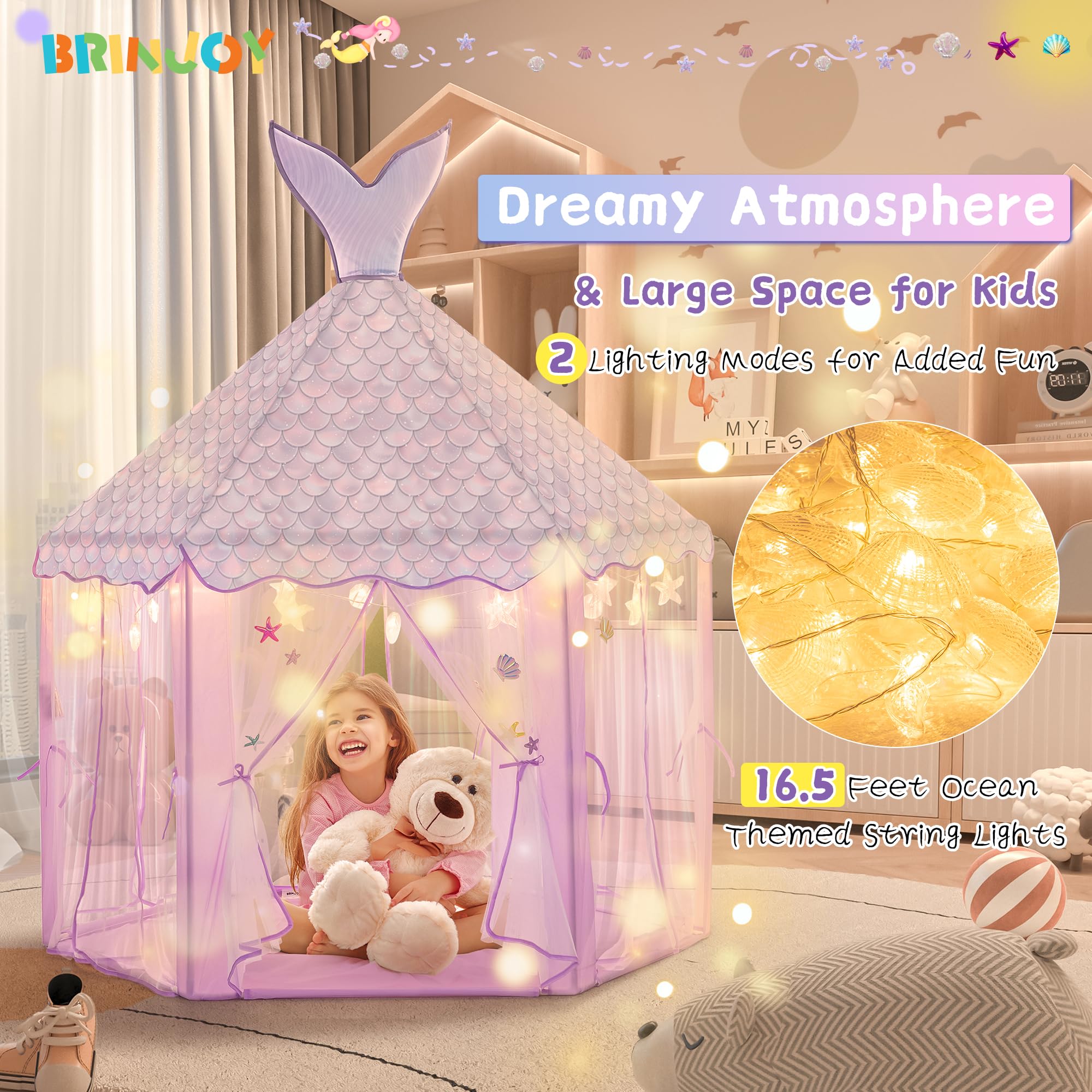 BRINJOY Princess Tent for Girls with Lights, Large Pretend Play Tent Castle w/Carry Bag & Stickers & Detachable Fishtail Top Indoor Outdoor, 67”x55” Ocean-Theme Kids Playhouse Gift for Toddler Age 3+