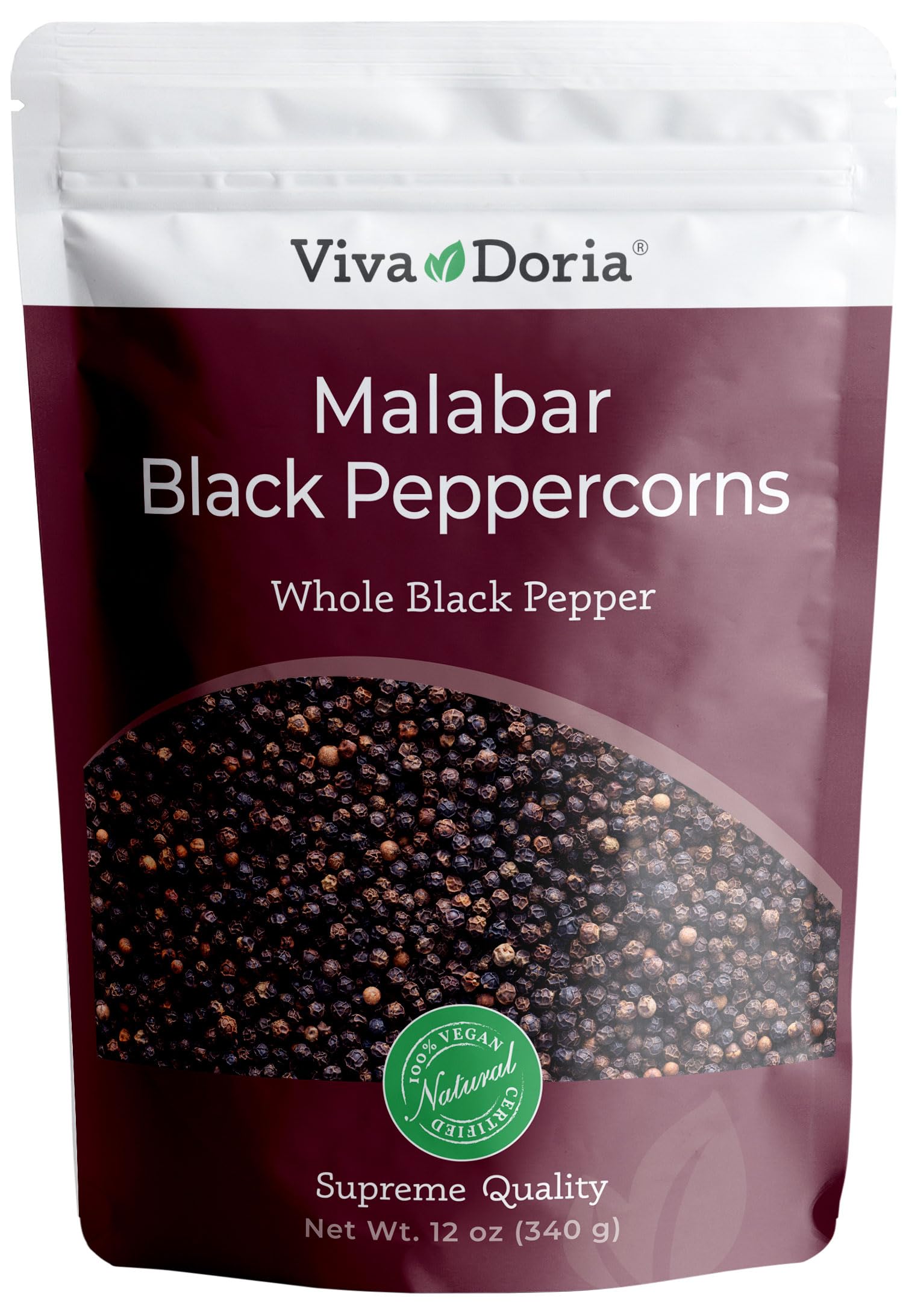 Viva Doria Malabar Black Peppercorns, Whole Black Pepper, Black Peppercorn For Grinder Refills, 12 Ounces