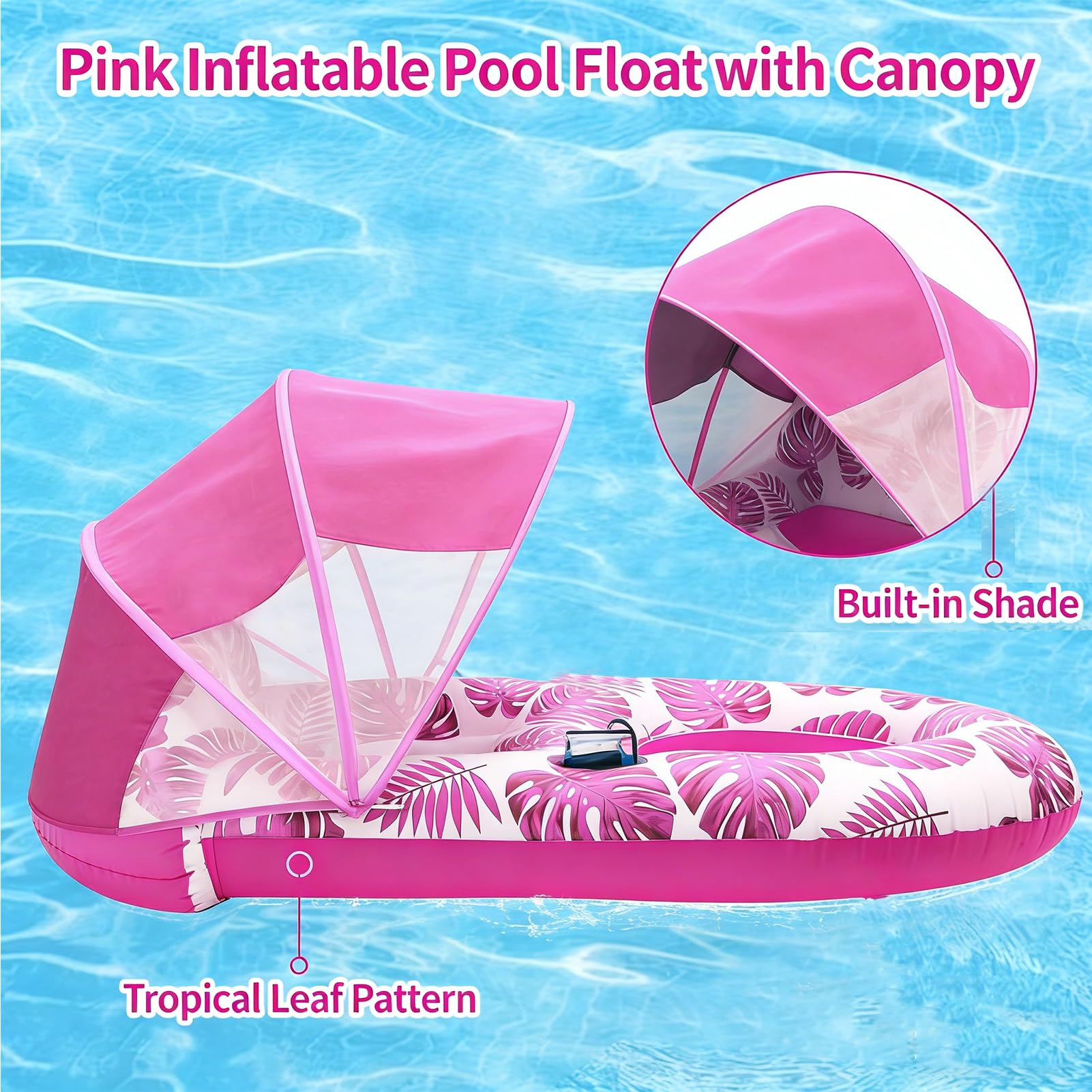 Flotador de Piscina con Toldo, Colchoneta Piscina Adultos con portavasos y Respaldo, Hamaca Flotante para Fiestas de Verano en la Piscina o la Playa,Azul