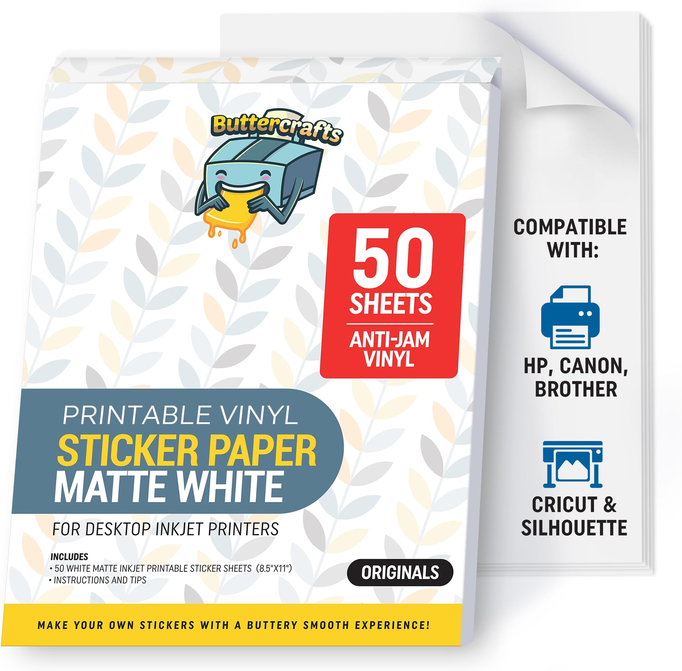 Premium Printable Vinyl Sticker Paper for Inkjet Printer - 50 Sheets, 8.5"x11" Matte Waterproof Weatherproof White - Strong Adhesive Labels & Decals