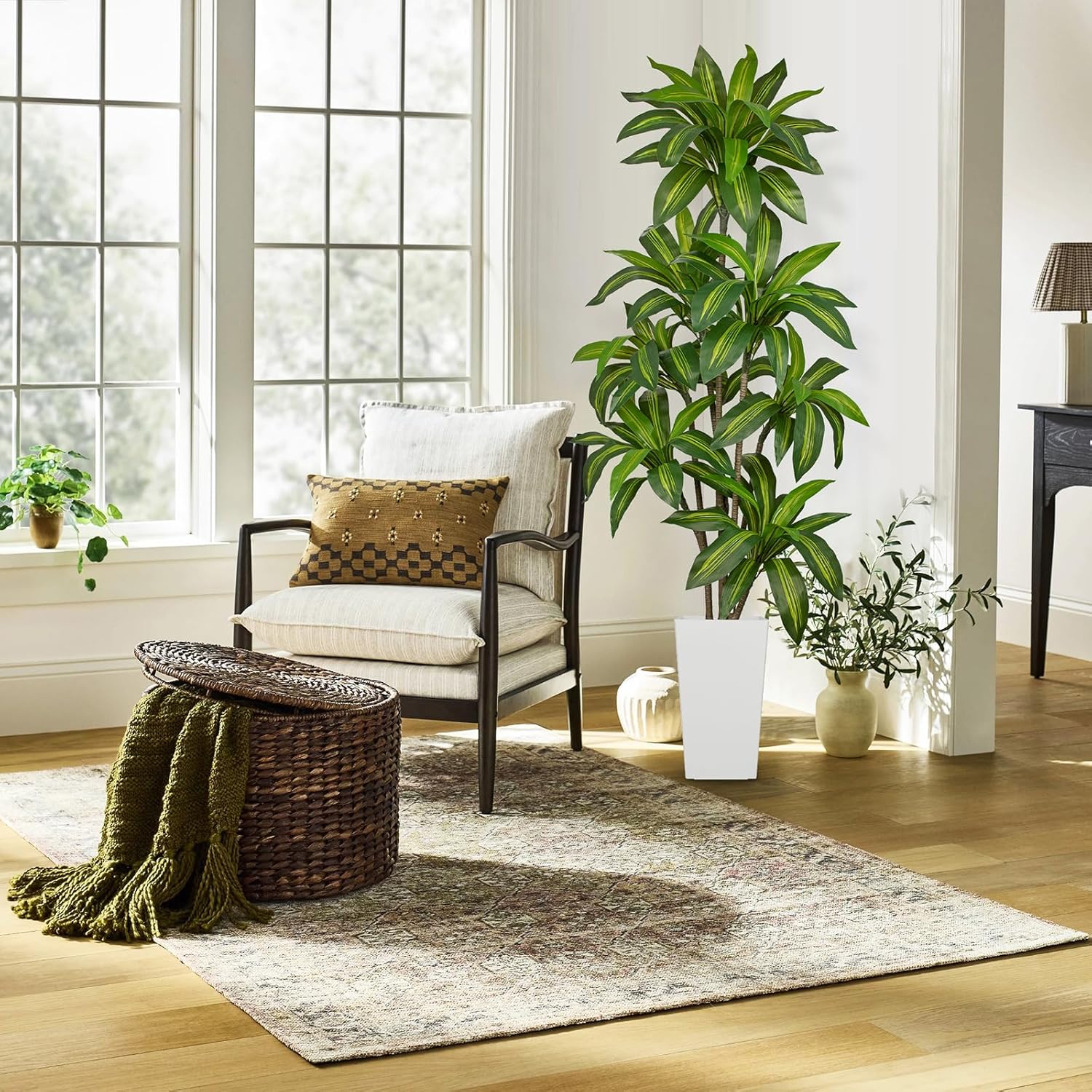 6FT Tall Artificial Dracaena Tree, Lifelike Faux Indoor Fake Floor Plant with White Pot, Faux Tree for Home Office Living Room Entryway Décor - Image 5