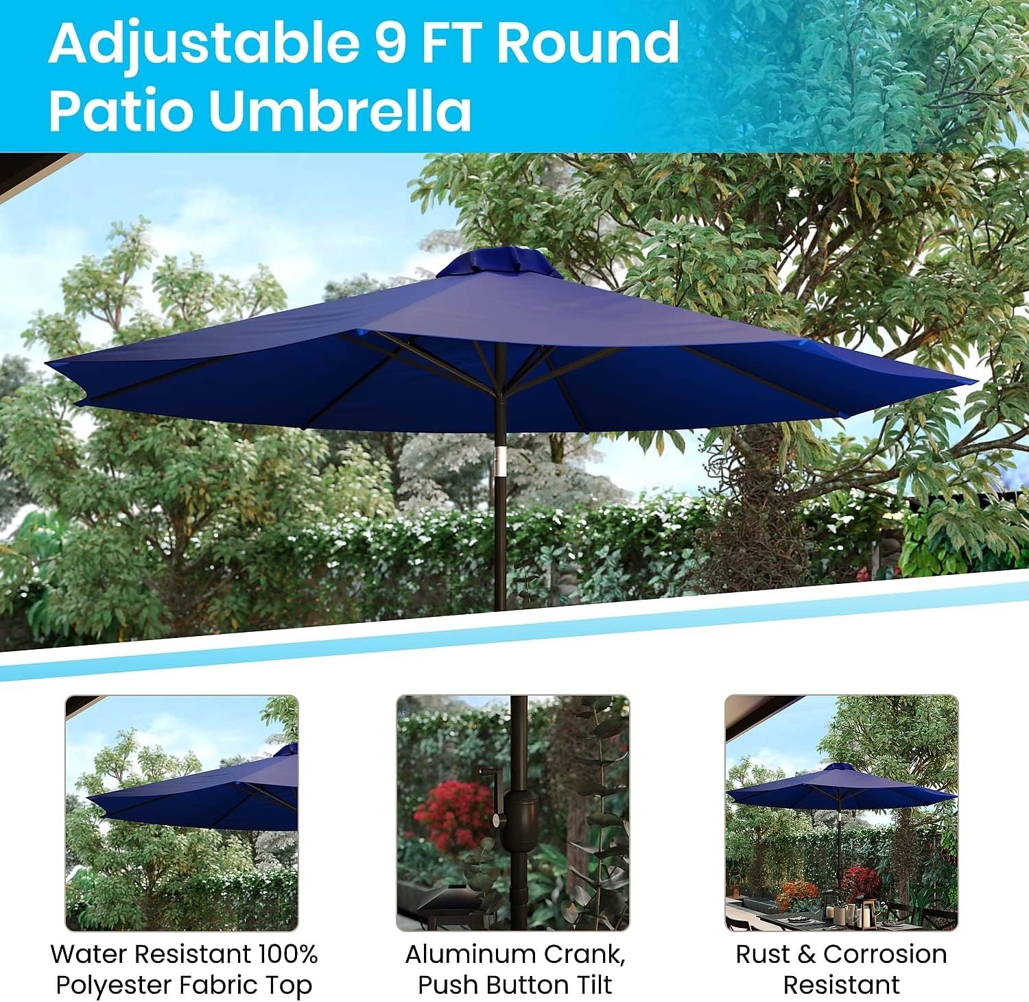 Flash Furniture Navy 9 FT Round Umbrella with 1.5" Diameter Aluminum Pole with Crank and Tilt Function