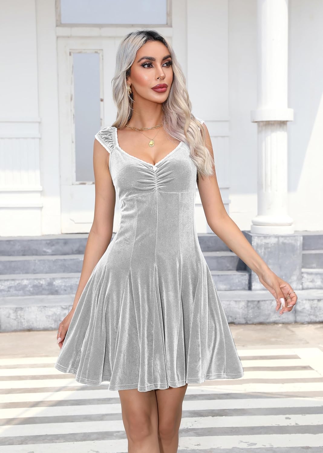 R.Vivimos Women's Fall Velvet Party Dress Sleeveless V Neck Empire Waist Elastic Fit and Flare Swing Mini Dress - Image 2