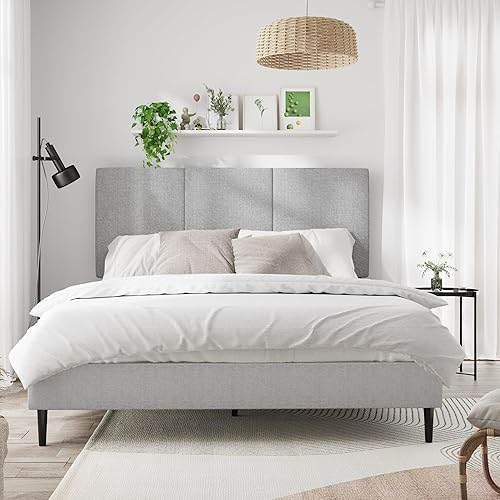 Base de cama de tamaño matrimonial con cabecera tapizada, listones de madera resistentes, no requiere somier, silencioso, fácil montaje, gris