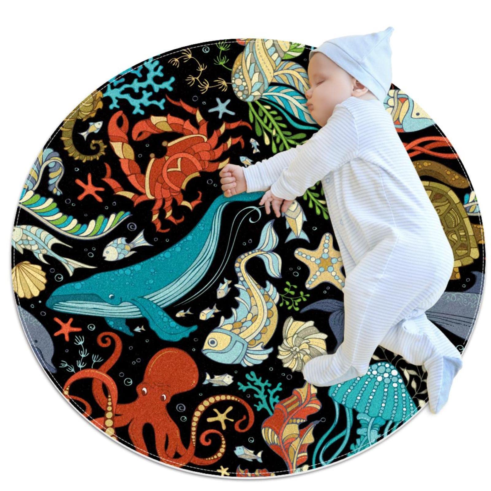 Tapis Chambre Enfant Antidérapant Ultra-Doux – Motif Animaux Marins Baleine Poulpe Méduse – Décoration Bébé Garçon Fille