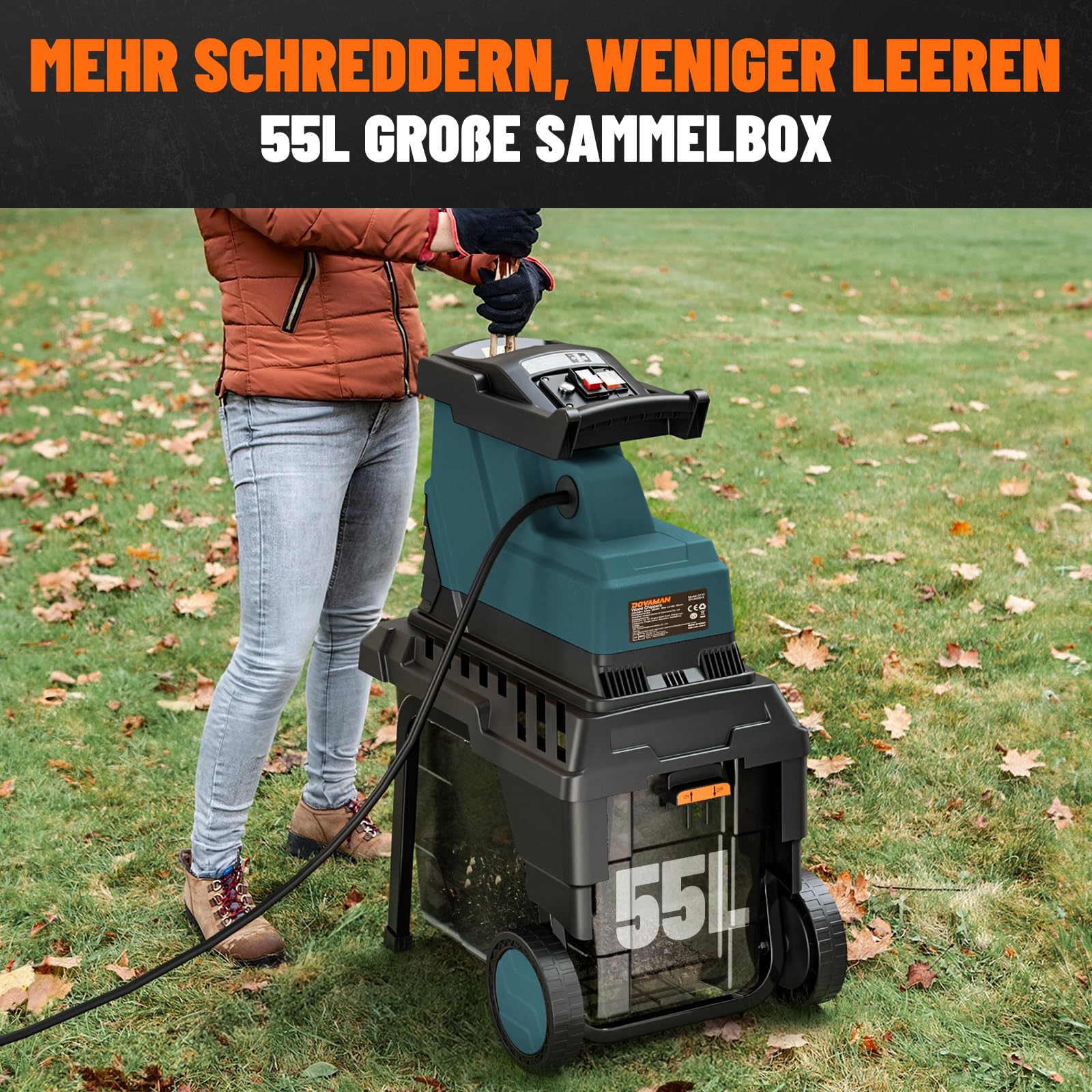 DOVAMAN GT10 Trituradora Silenciosa, Biotrituradora con Rodillo de 8 Dientes, Tritura hasta 45mm, 2800W Motor Sin Escobillas, 88dB, 55L Caja, 18:1 Relación, Triturado sin Esfuerzo de Residuo de Jardín