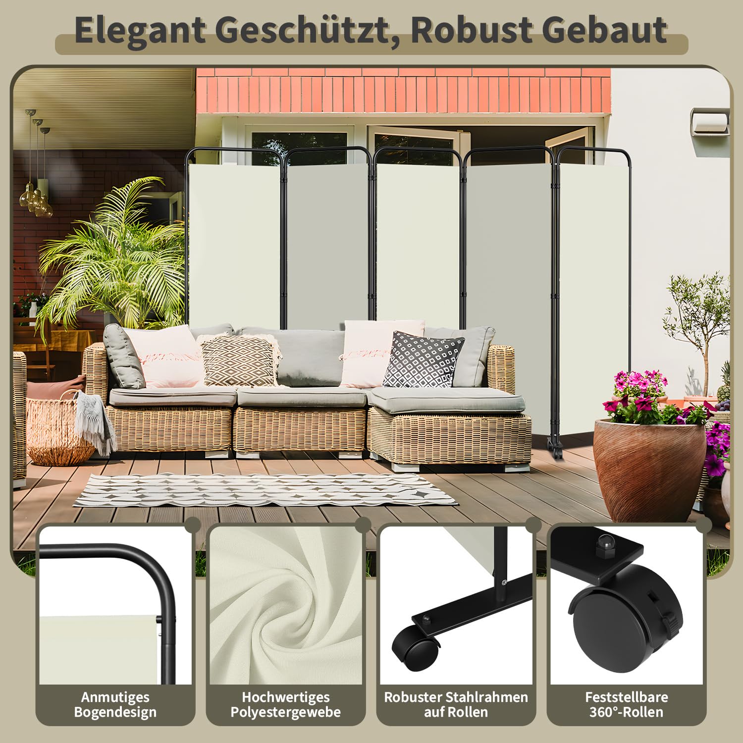 ISOISL Paravent, ruimteverdeler, inklapbaar, op wieltjes, 5-delig, 284 x 181 cm, weerbestendig kamerscherm voor kantoor, tuin, balkon, terras, binnen, beige