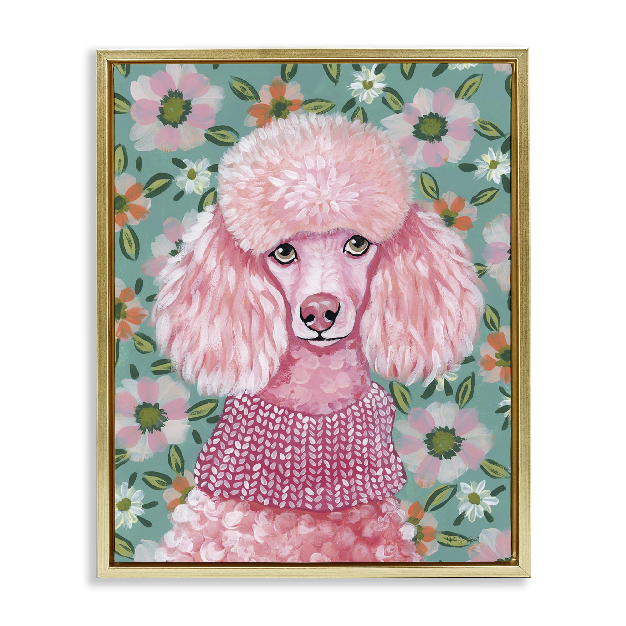 Stupell Industries Metallic Gold (Matte) 'Floral Poodle In Pink', Floating Frame Canvas Art, Gold, 25 X 31 Inches, Easy To Hang And Sturdy, Made In Usa, By Yvette St. Amant