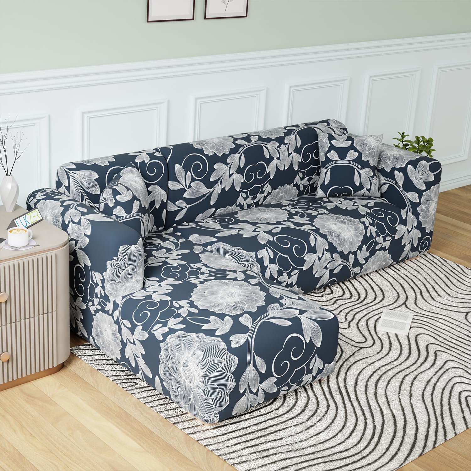 Lukzer L-Shaped Sofa Cover - Navy Blue Flower -11