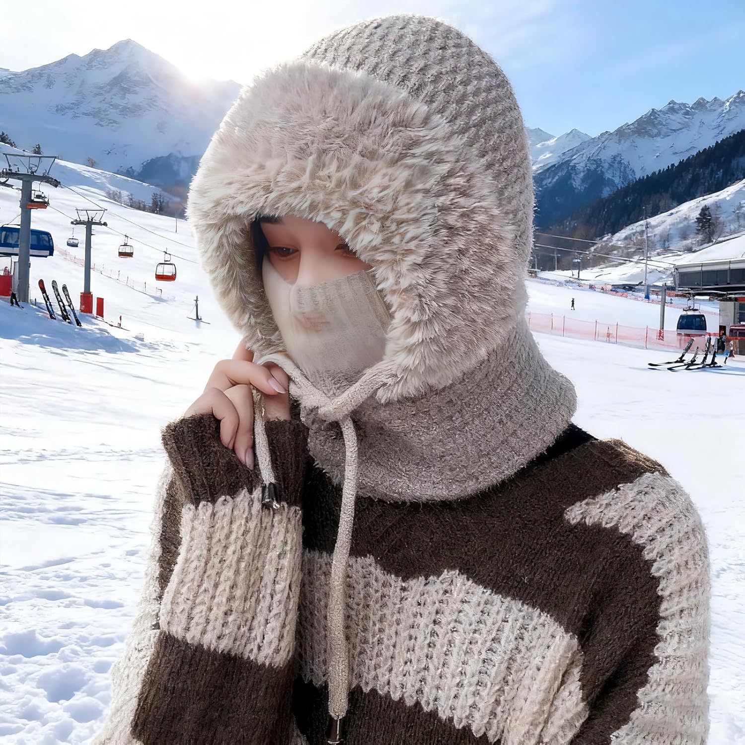 3 in 1 Beanie Hat with Scarf and Mask, Women's Outdoors Windproof Scarf Hat Winter Balaclava for Women, Warm Knitted Face Mask Hat (Grey) - Image 7