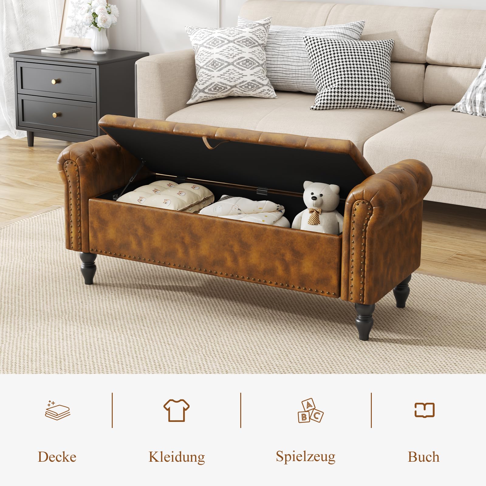 Sitzbank mit Stauraum 132cm, Aufbewahrungsbox, Fußbank, Bettbank, Sitztruhe mit Armlehnen aus PU-Kunstleder für Wohnzimmer Schlafzimmer Flur, GelbBraun