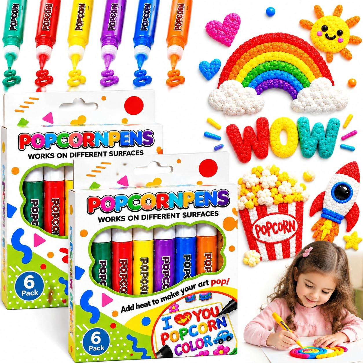 12PCS Popcorn Pens, 6 Colors 3D Bubble Bubble Popcorn Drawing Pens