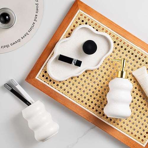 Miniatura 8 de Juego de accesorios de baño de cerámica de 3 piezas con diseño de esmalte de punta de arena, bandeja, dispensador de loción y vaso, lleva la