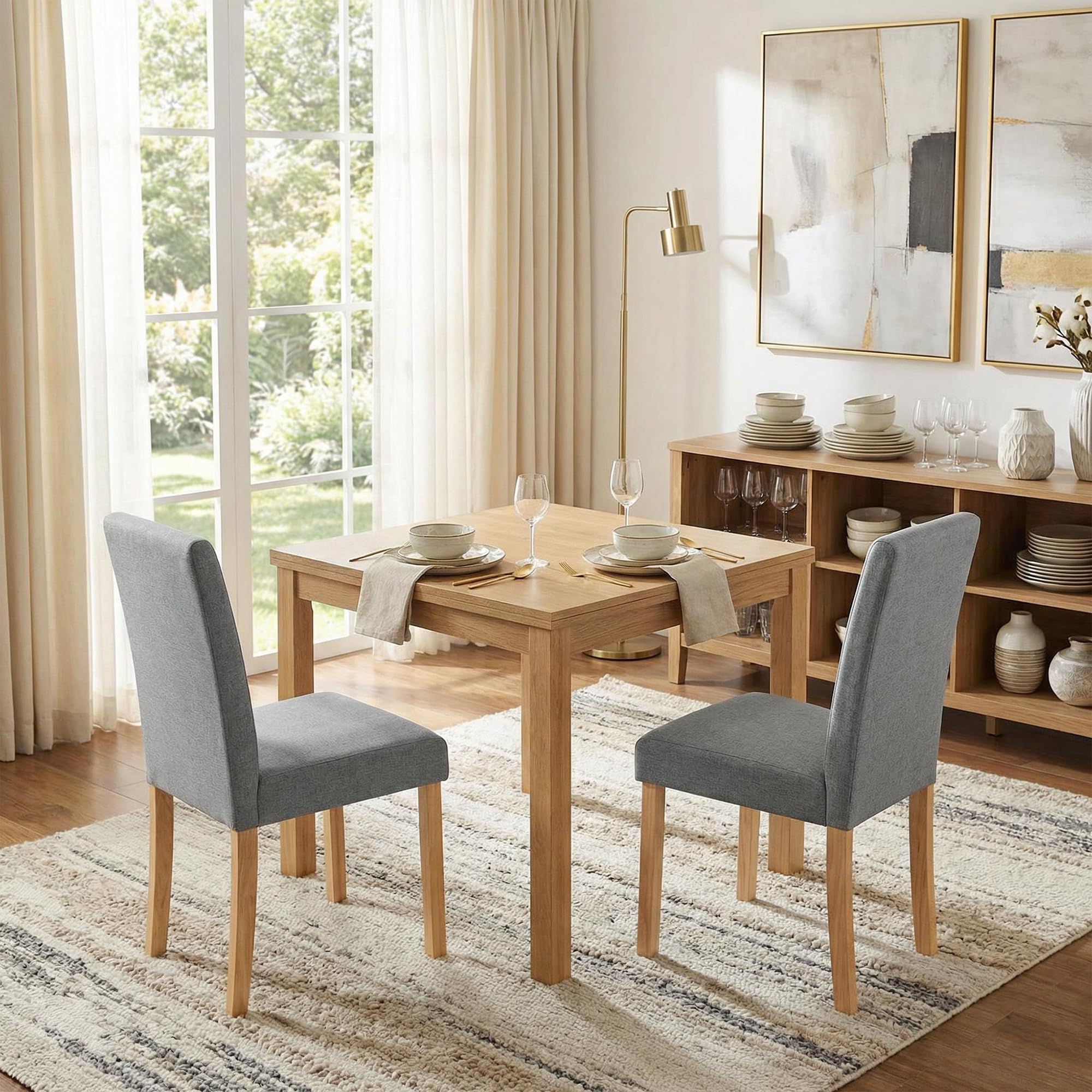EGGREE Sedie da Pranzo Set di 2 Grigie Tessuto Lino Sedie Imbottite con Seduta e Schienale Spessi, Gambe in Legno di Gomma Resistenti, 43 × 46,5 × 92 cm, Design Moderno per Cucina e Sala da Pranzo