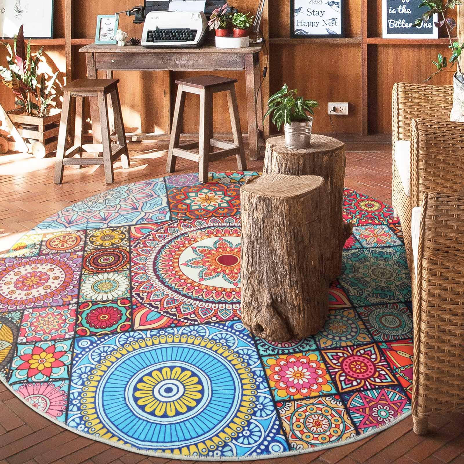 Betadistor Washable Boho Floral Round Rugs for Living Room Bedroom Kitchen Hallway 90CM, 405-10090, 405-10000, 90cm / 3 ft - Image 3