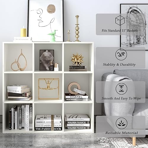 Miniatura 4 de Estantería de almacenamiento de 9 cubos, estantería abierta de madera de 3 niveles para el hogar y la oficina, vitrina, blanco cálido