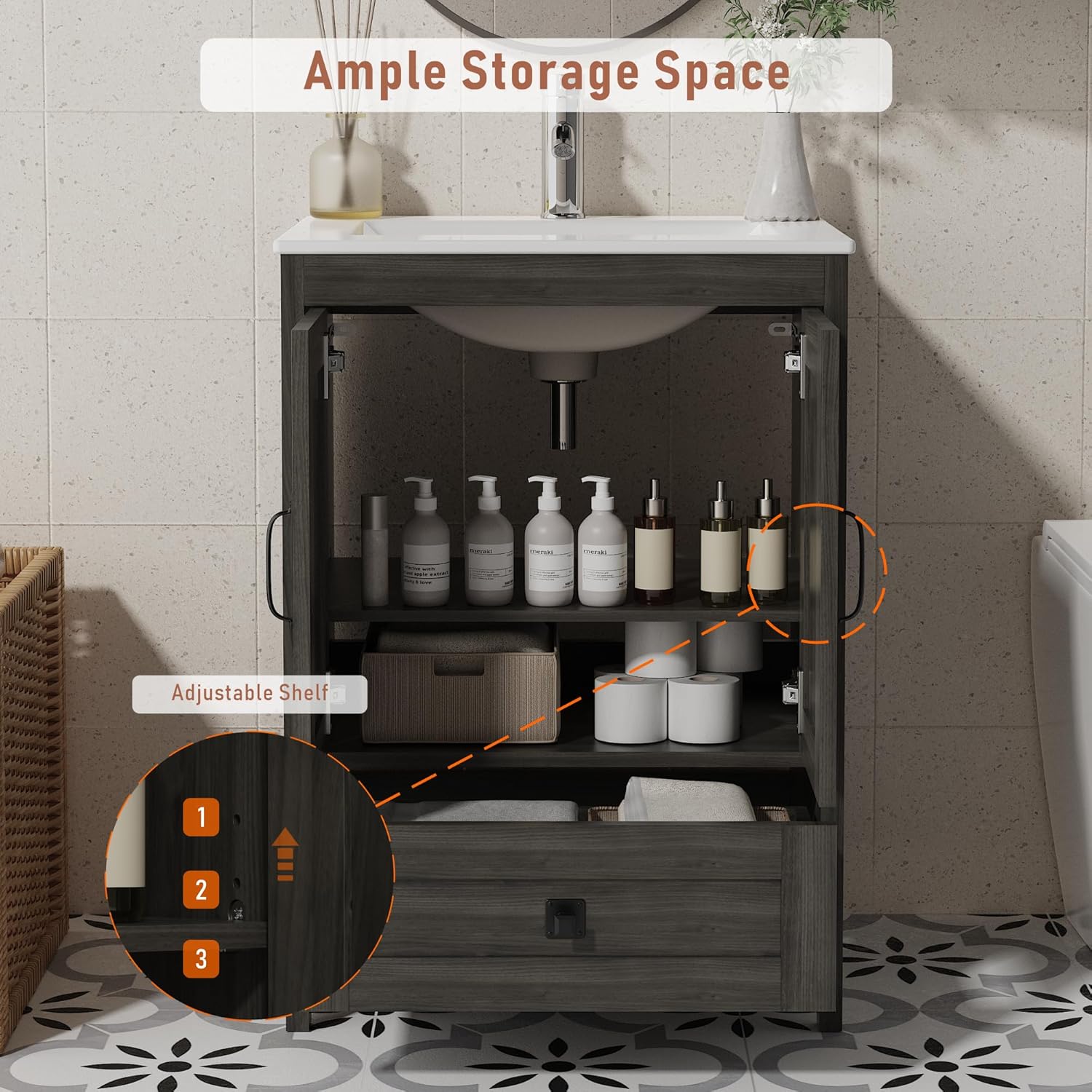 24" Farmhouse Bathroom Vanity Without Sink, Freestanding Vanity for Bathrooms (Grey, 24")