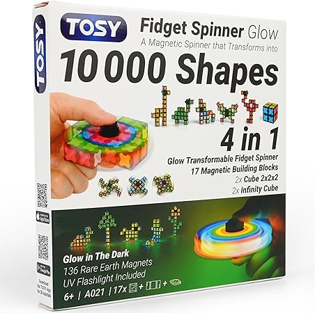 TOSY Magnet Fidget Spinner Glow - 16 Blocks, 3in1 Toy: Transformable Fidget Spinner, Infinity/Puzzle Cube, Glowing, Christmas Stocking Stuffers Gift for Kids/Adults, STEM Sensory Stress Relief