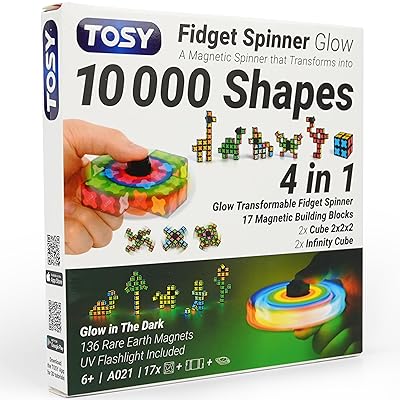 TOSY Magnet Fidget Spinner Glow - 16 Blocks, 3in1 Toy: Transformable Fidget Spinner, Infinity/Puzzle Cube, Glowing, Christmas Stocking Stuffers Gift for Kids/Adults, STEM Sensory Stress Relief