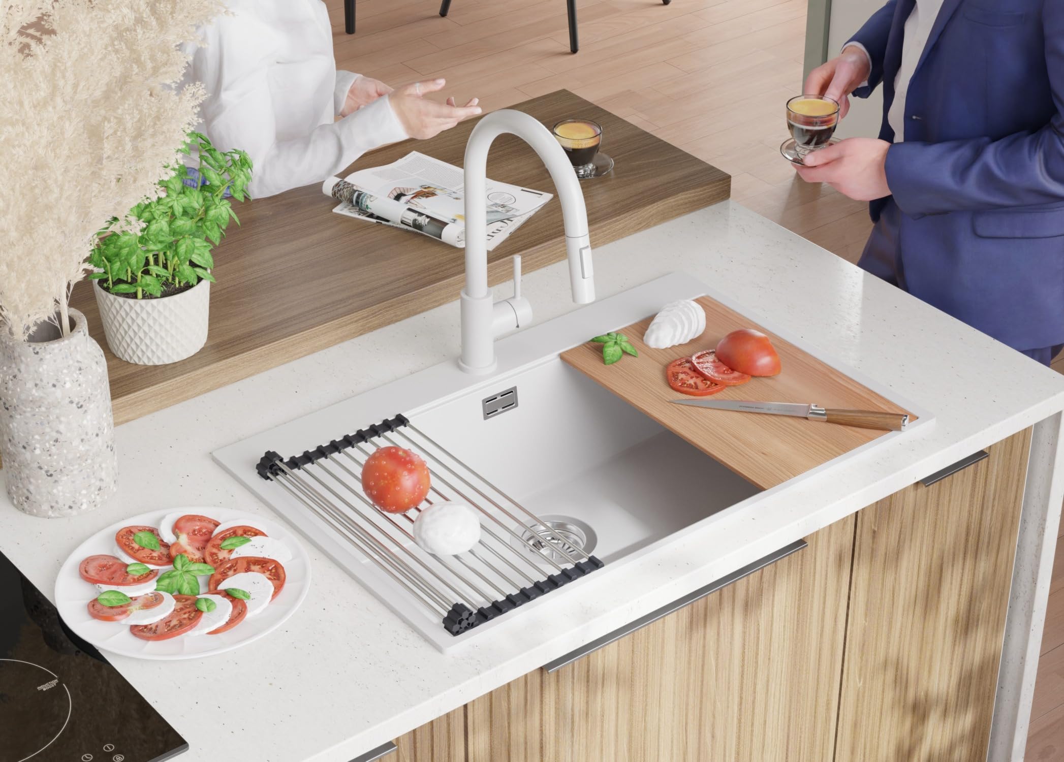 PRIMAGRAN Lavello da Cucina Bianco 78x50cm, Lavandino in Granito a 1 vasca + Set di accessori, Lavabo da Cucina Incasso al Mobile 80cm - Oslo Top S558