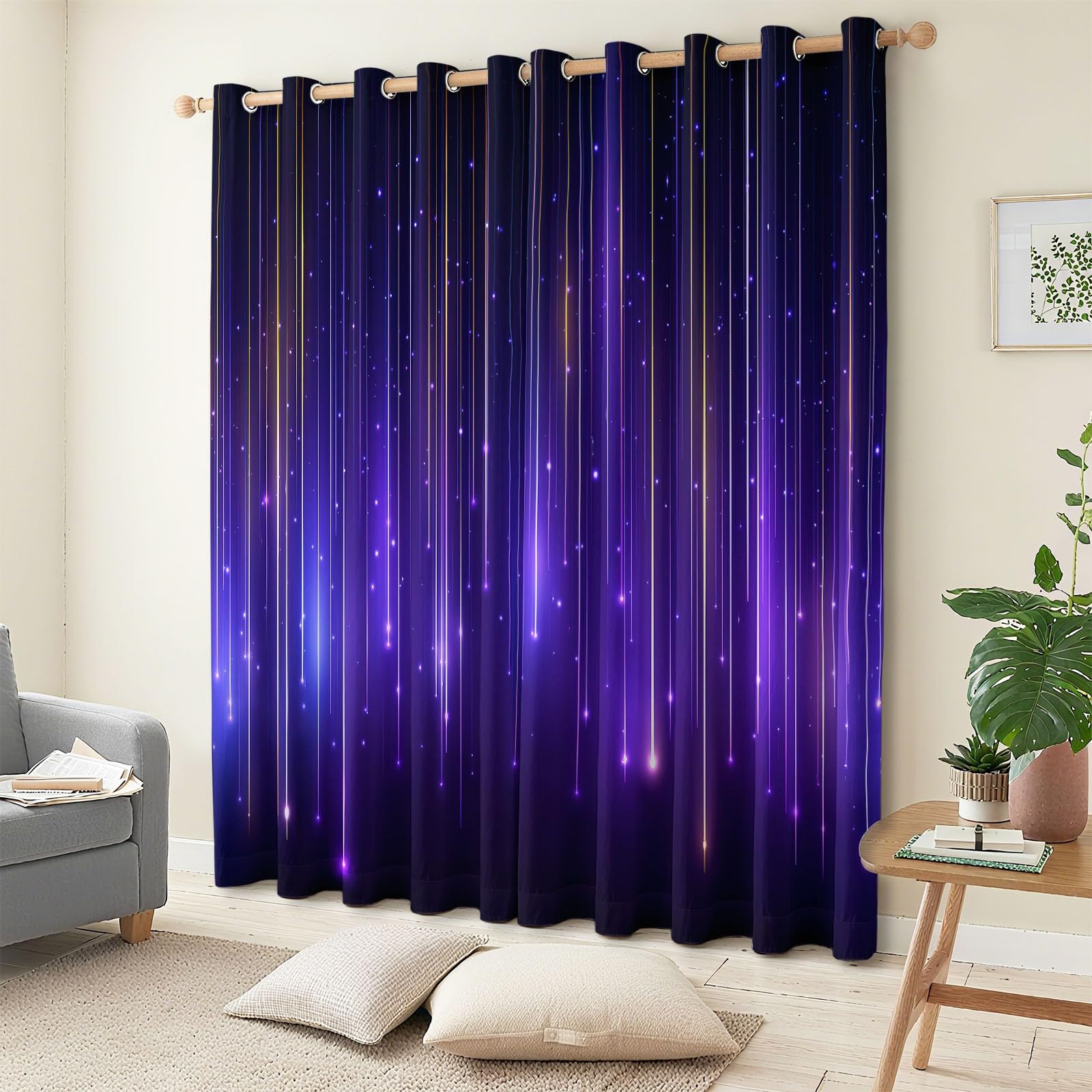 Blickdichter Thermovorhang, Kälte - Hitzeschutz Vorhänge, Verdunkelungsvorhang für Kinder Teenager, mit Muster Abstrakt Vertikal Licht Neon Tropfend, 215 x 110 cm H×B,Lila-Schwarz 2er Set