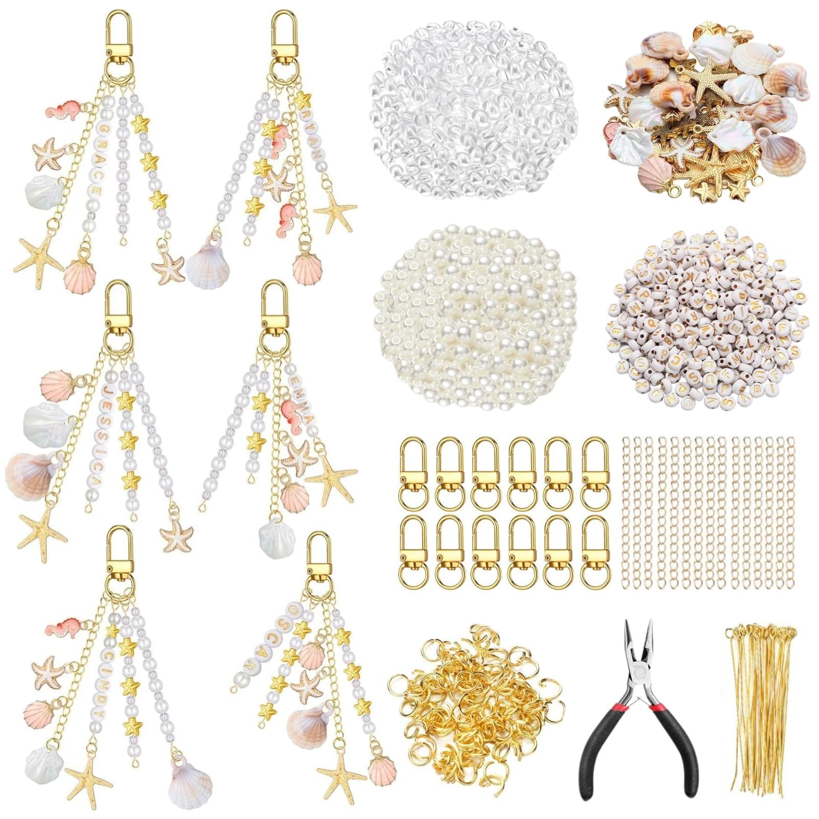 YJHAT 776 Pcs Ocean Theme Seashell Keychain Making Kit, DIY Craft Supplies with Starfish Pearl Seahorse Letter Beads & Keychain Clips Tools for Backpacks Purses Tote Bags