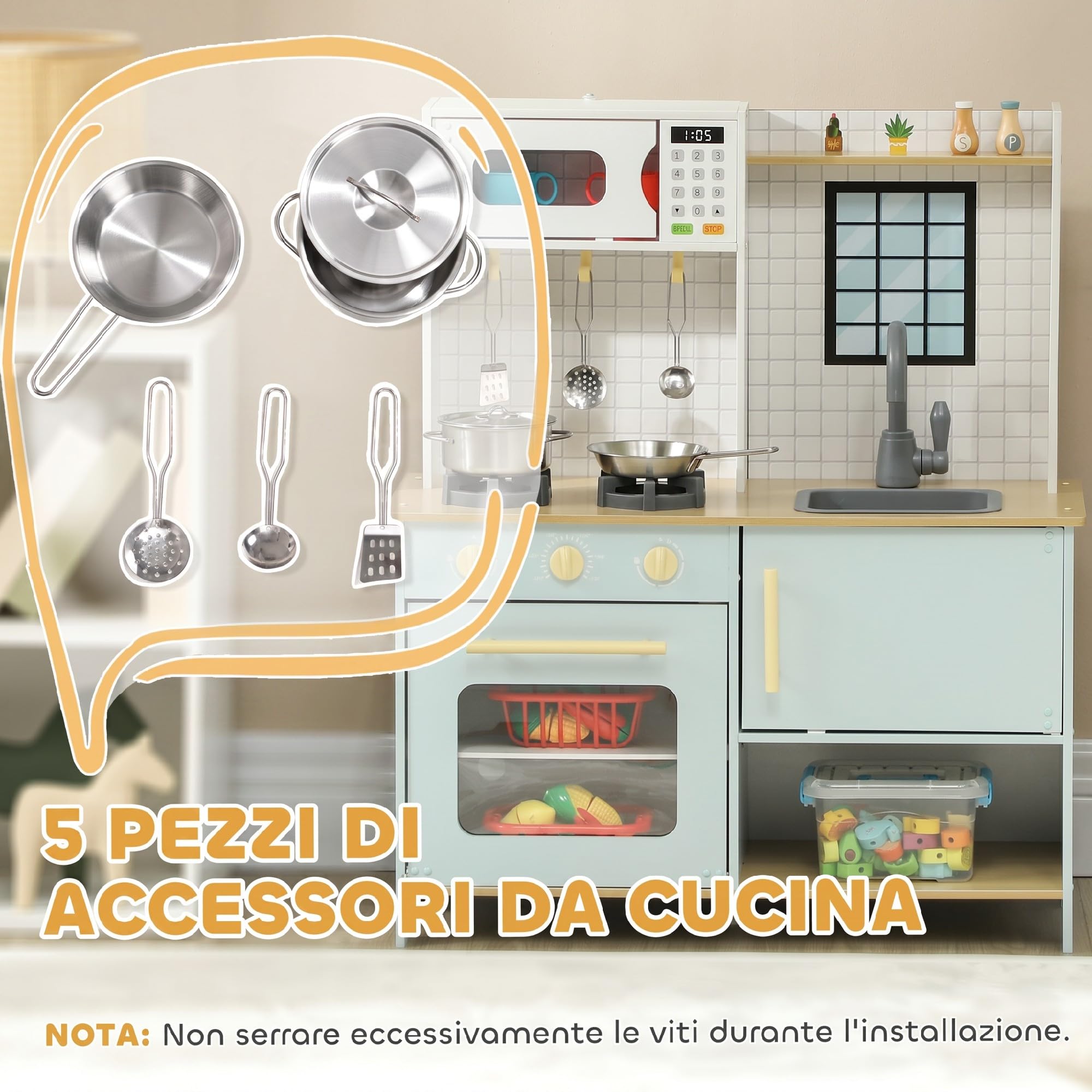 AIYAPLAY Cucina Giocattolo per Bambini 3+ Anni 72x33x85.2 cm Bianco Blu | Armadietti e Fornelli, in Acciaio Inox, Legno e PP