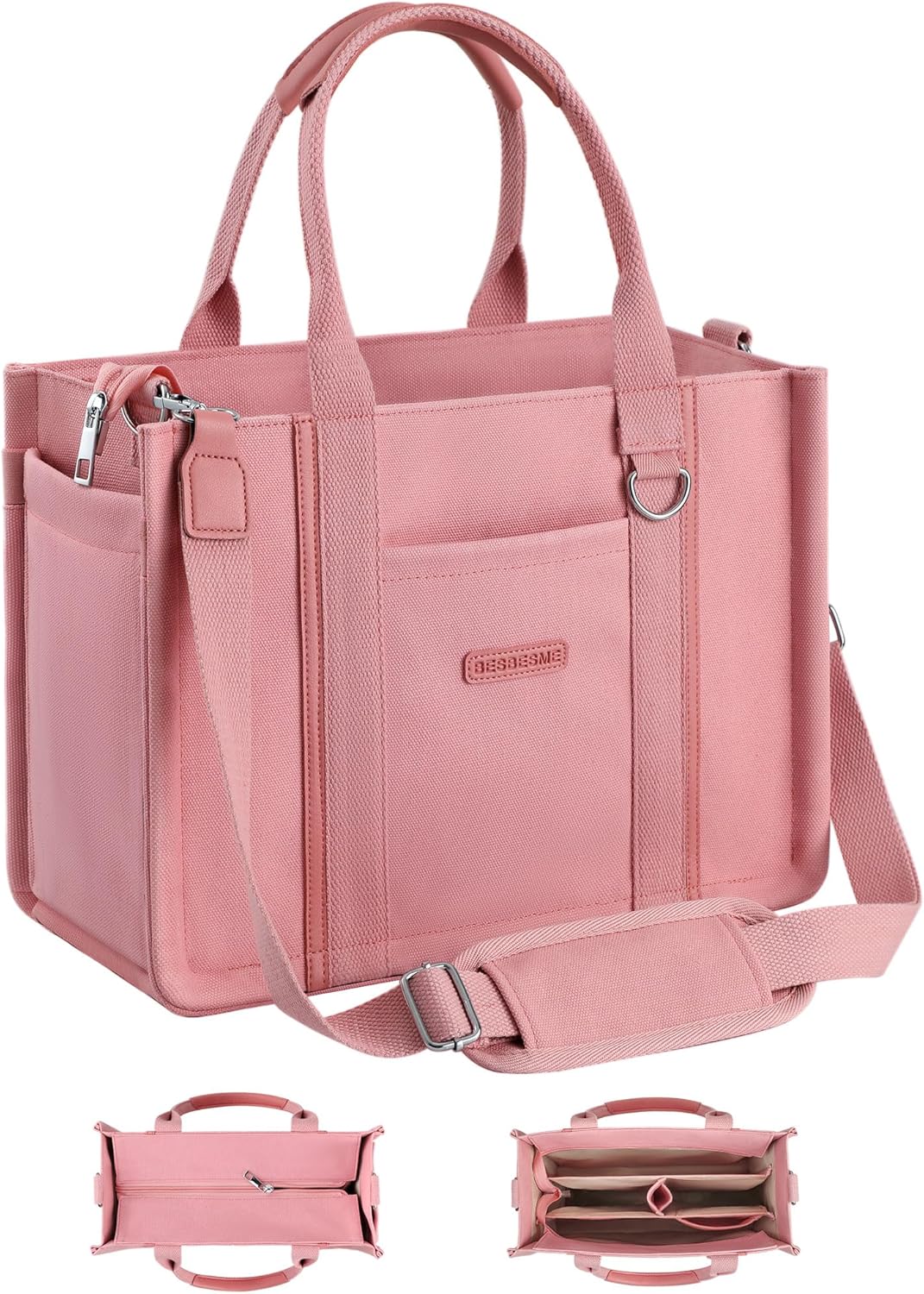 BESBESME Womens Canvas Tote Bag with Zipper and Compartments  Multi-Pocket Laptop Work Crossbody Shoulder Tote Purse