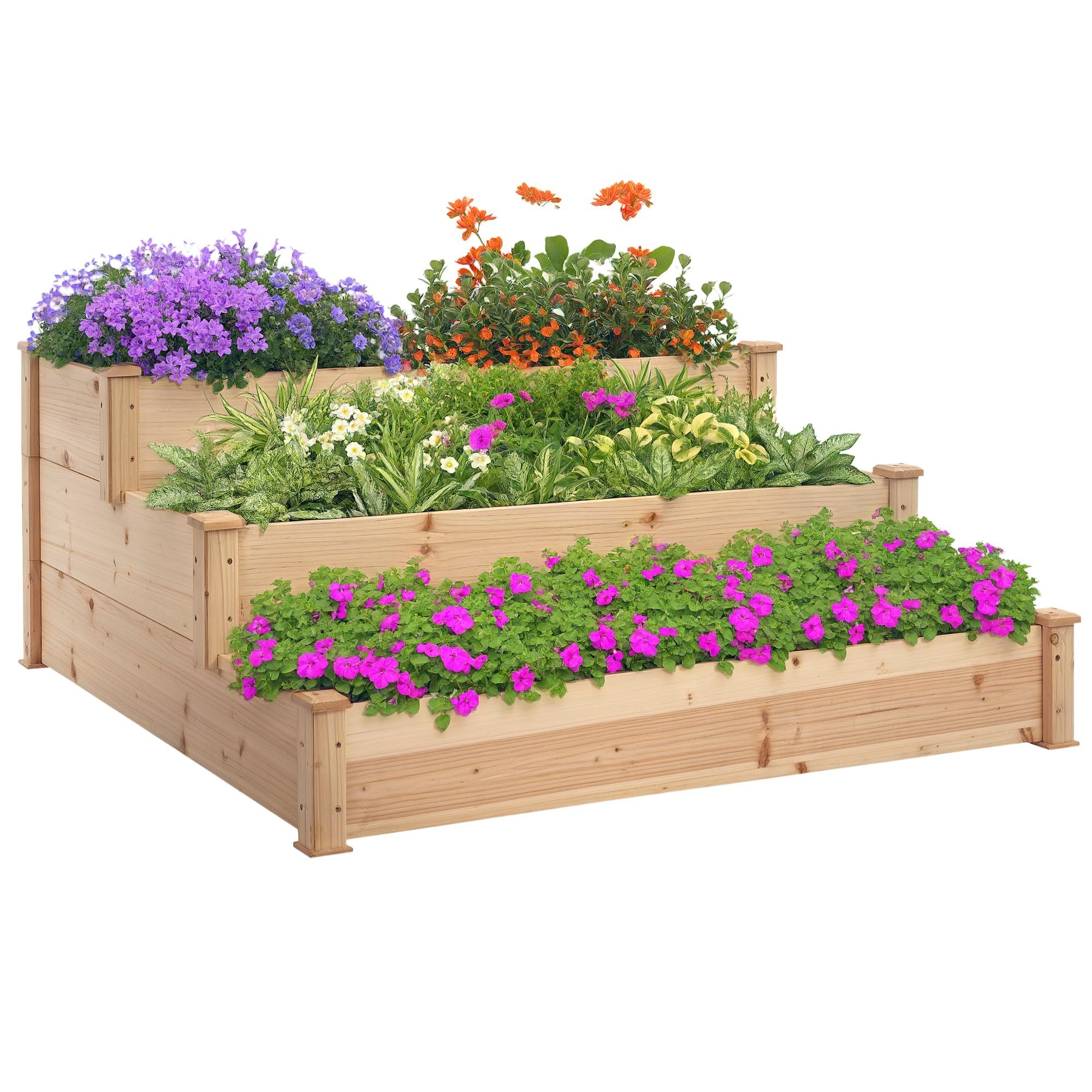 Outsunny Jardinera Exterior Grande de Madera Arriate de Jardín de 3 Niveles con Diseño de Escalera Huerto Urbano para Cultivos Plantas Flores para Patio Terraza Balcón 120x120x56 cm Natural