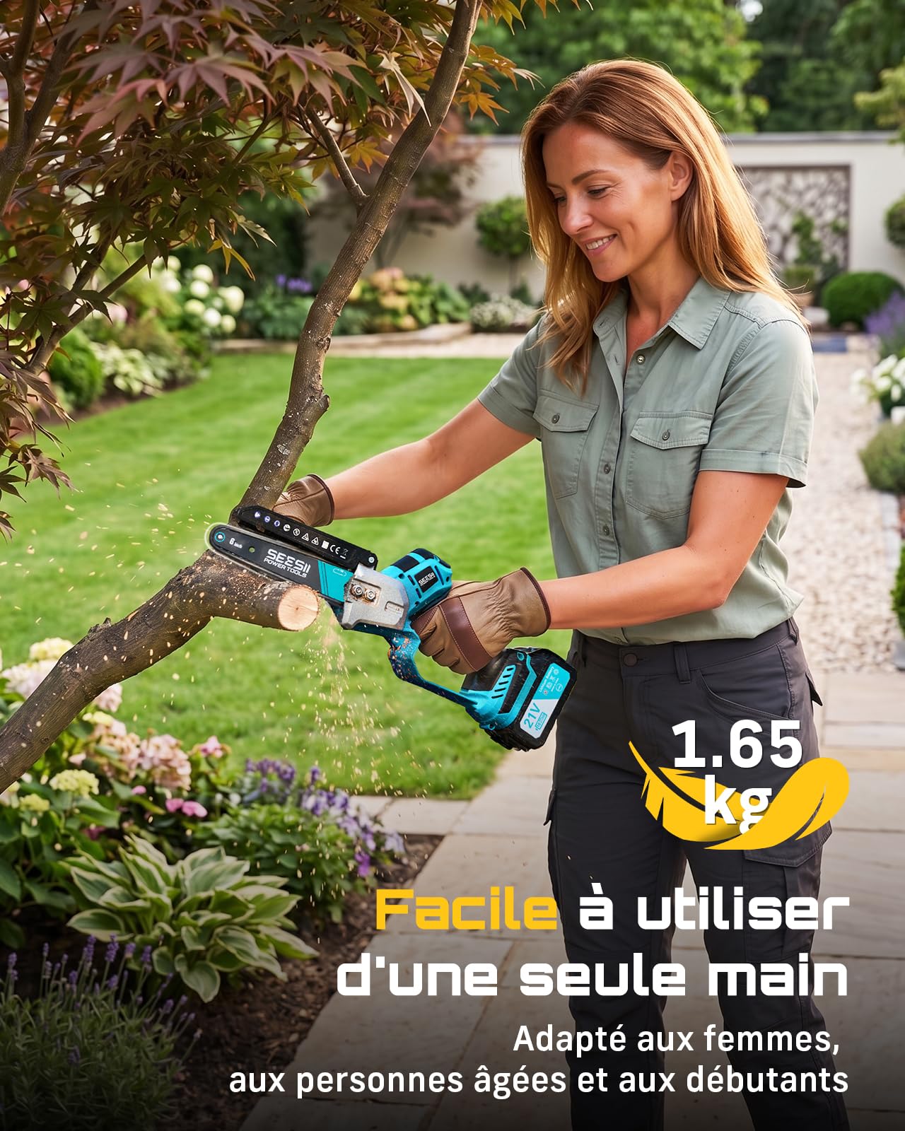 SEESII Mini Tronconneuse à Batterie 6 Pouces, Tronçonneuse Électrique Sans Balais, avec 2 * 4000 mAh Batterie, Lubrification Automatique, Compatible Makita 18V, Idéal Extérieur & Jardinage