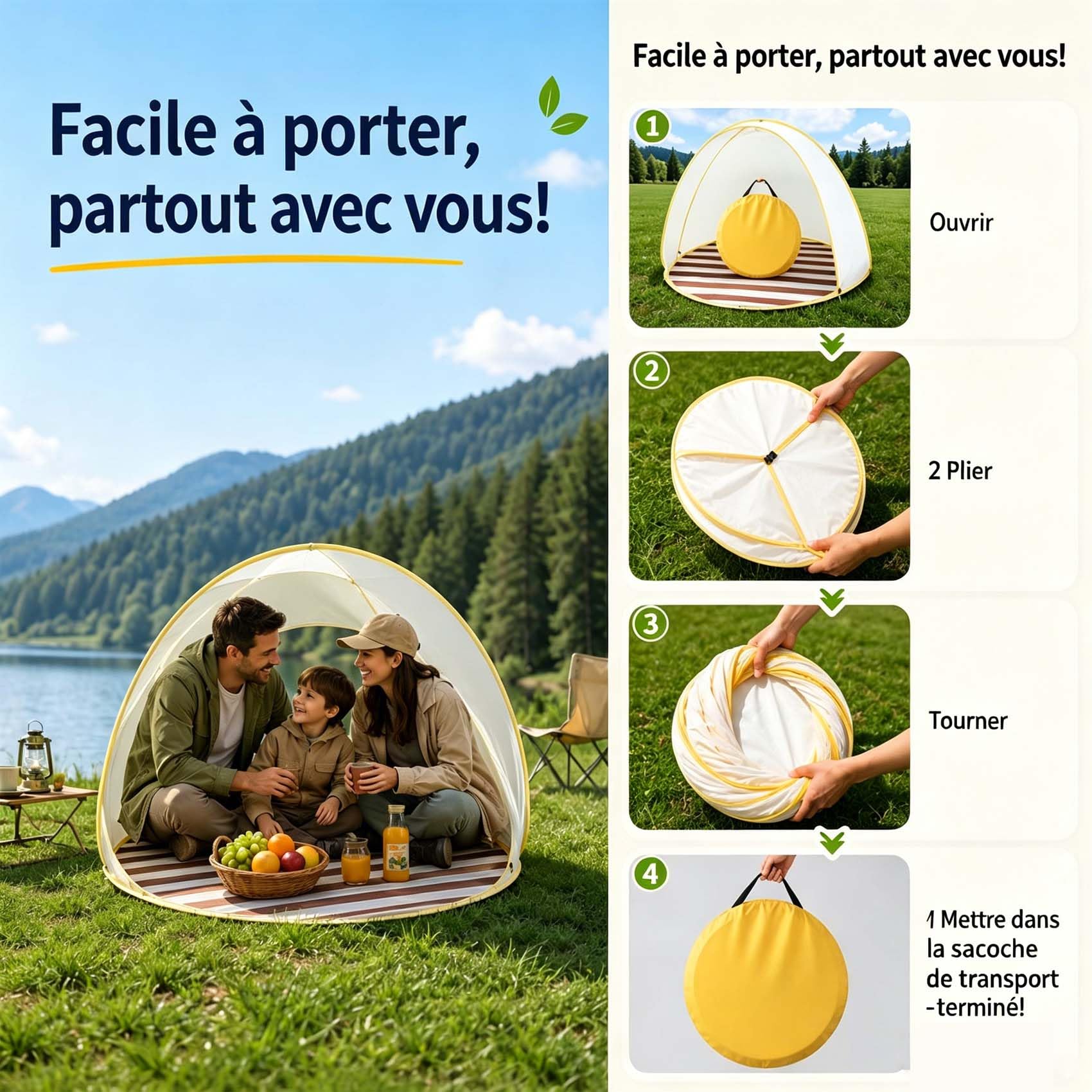 Tente De Plage Pop-Up pour 3-4 Personnes, Abri De Plage Anti-UV UPF 50+ avec FenêTres en Filet, Pliable Et Portable, IdéAl pour Plage, Jardin, Vacances, Camping, Pique-Nique (A)