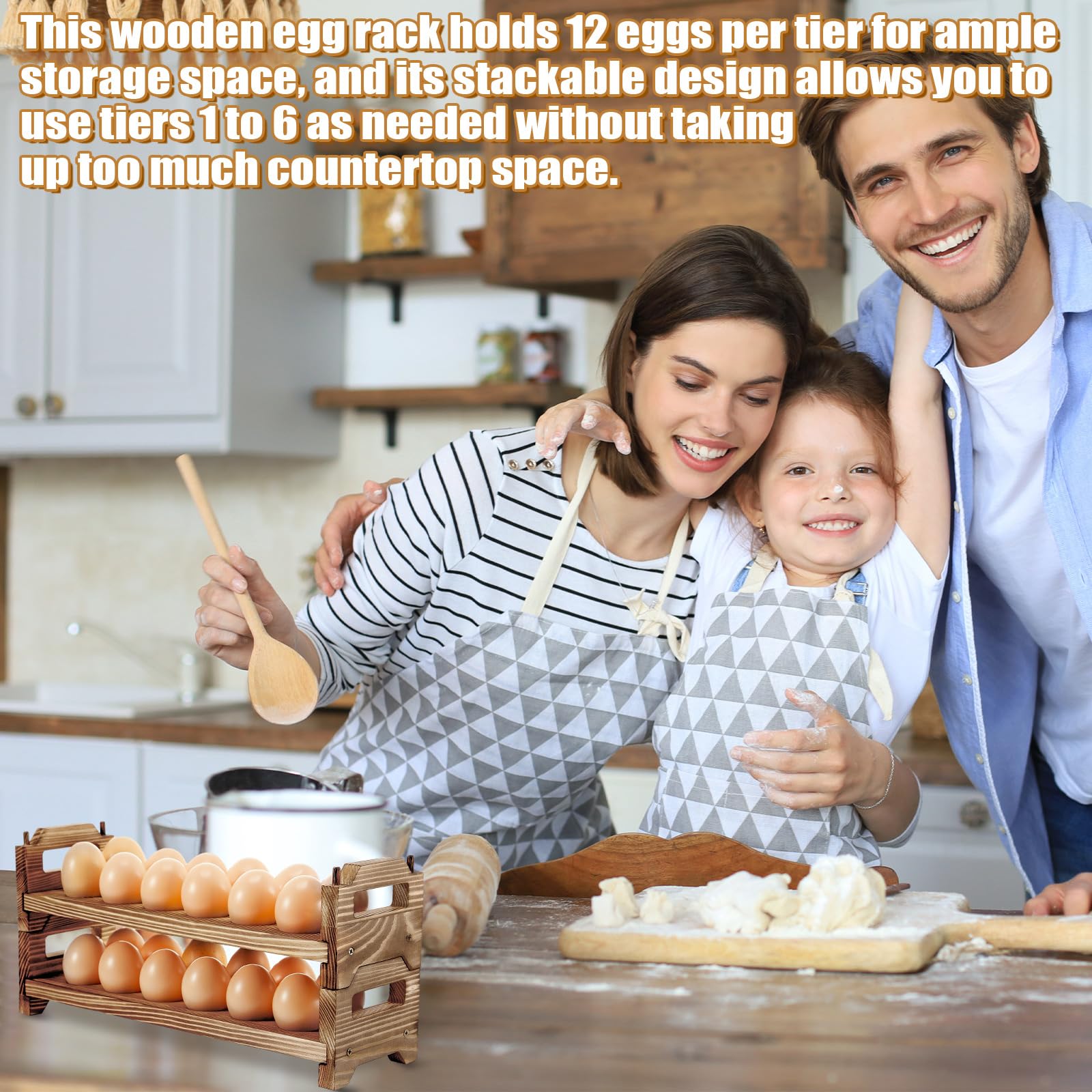 Maxcheck Soporte para huevos de madera de 6 capas para encimera, apilable, soporte para huevos de madera, almacenamiento de hasta 72 huevos, estante para huevos con asas, estante para huevos,