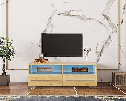 Miniatura 1 de Soporte de TV LED para TV de hasta 43 pulgadas soportes de TV de madera con 2 cajones y estantes abiertos moderno centro de entretenimiento con 2