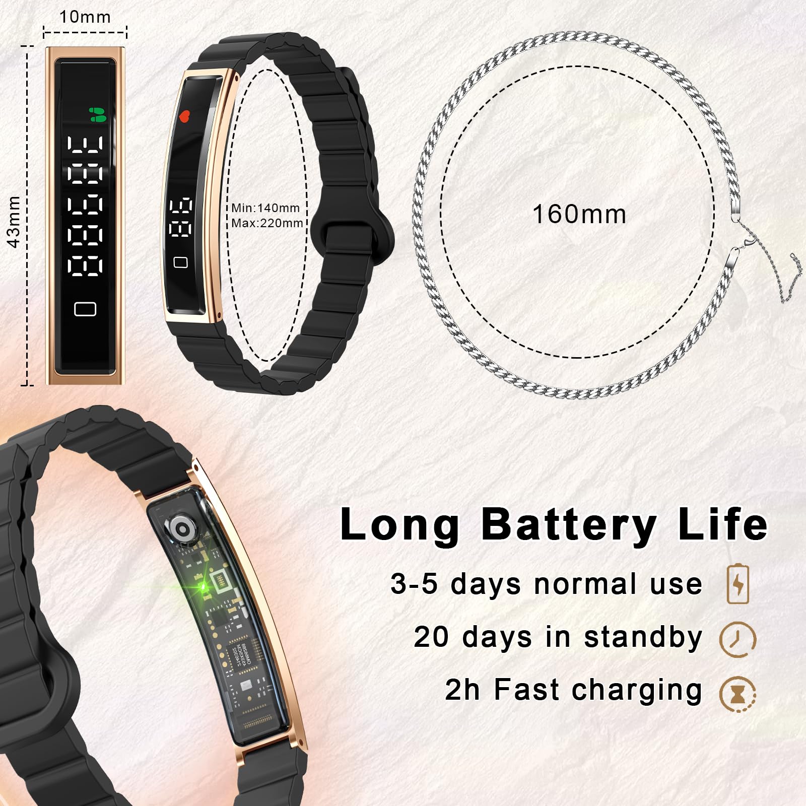 Efolen Smart Bracelet for Women,Ultralight Fitness Tracker Smart Wristband with Heart Rate/Blood Oxygen/Sleep Monitor/Pedometer,Slim Smartwatch for Android iPhone,Activity Tracker,2 Band,Gold+Black