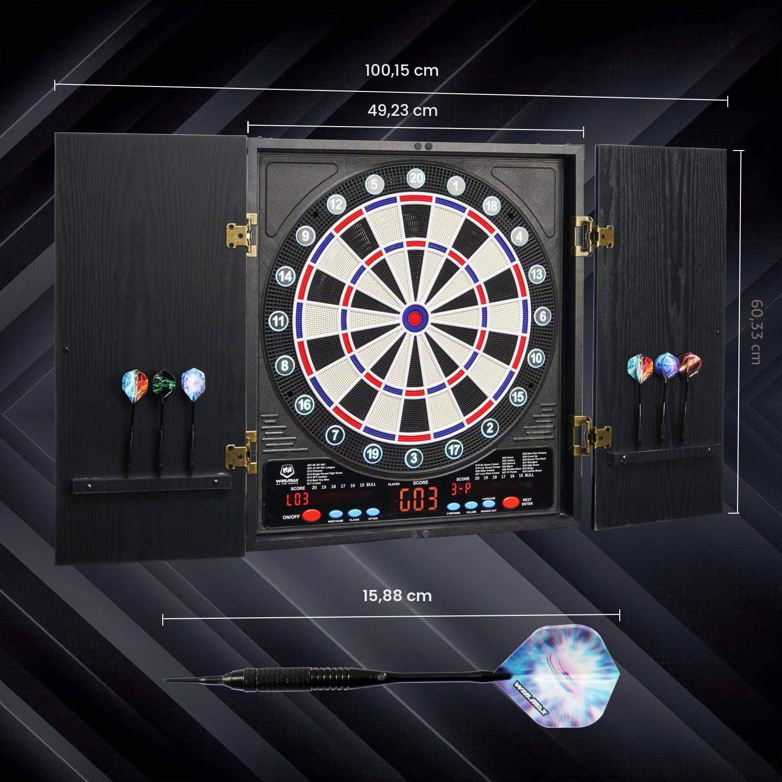 WIN.MAX Cible de fléchettes électronique professionnelle avec affichage LED et 211 variantes de jeu - Kit complet