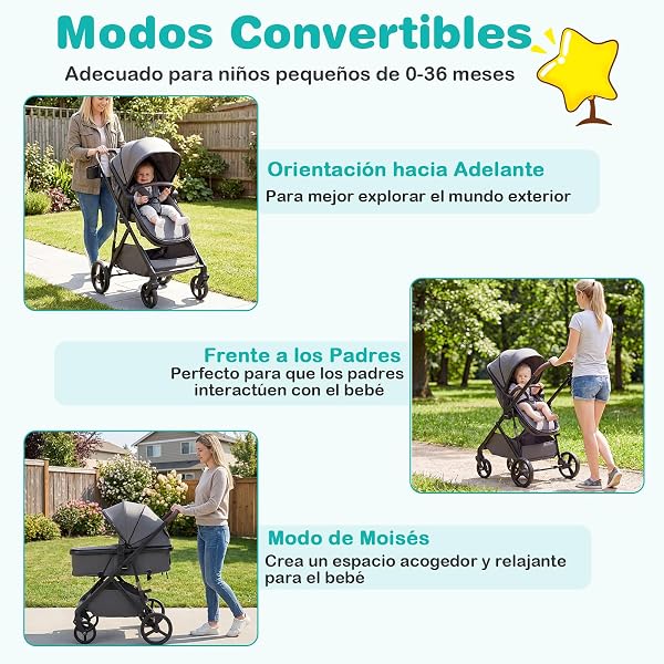 COSTWAY Silla de Paseo Bebe, 2 en 1 Cochecito de Bebe Plegable con Modo Capazo, Cochecito Convertible para Niños con Asiento Reversible, Capota y Respaldo Ajustables (Gris) - 3