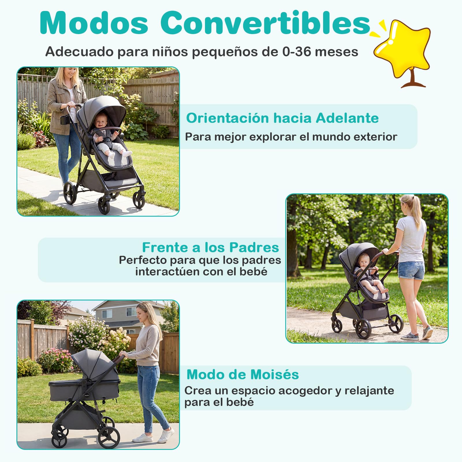 COSTWAY Silla de Paseo Bebe, 2 en 1 Cochecito de Bebe Plegable con Modo Capazo, Cochecito Convertible para Niños con Asiento Reversible, Capota y Respaldo Ajustables (Gris)