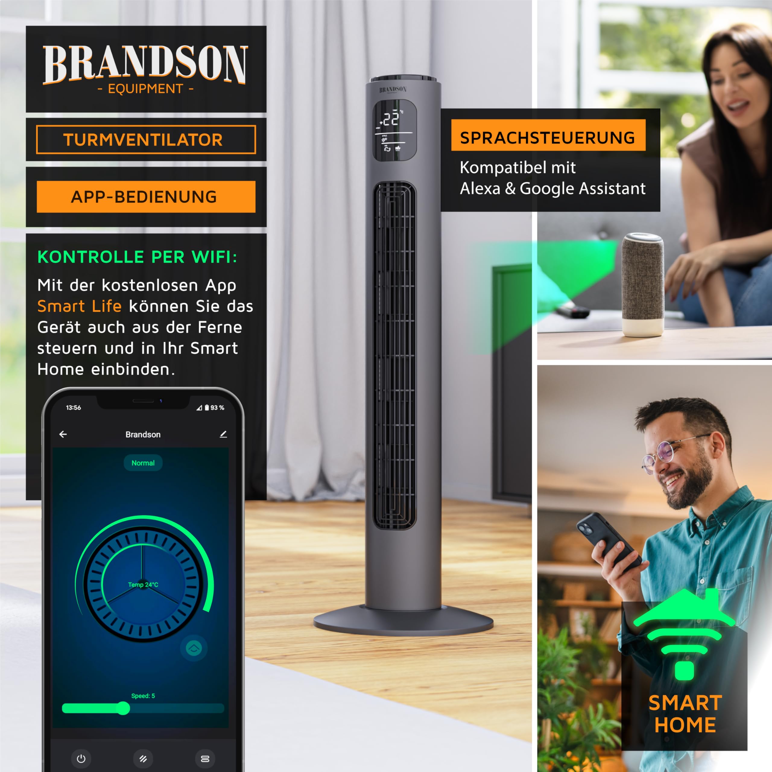 Brandson - Turmventilator ECO mit DC Motor - sehr leise – Wlan Smart Home mit App/WiFi Alexa Sprachsteuerung - mit Fernsteuerung – Sieger Ventilatoren und Luftkühler 2026 - Anthrazit