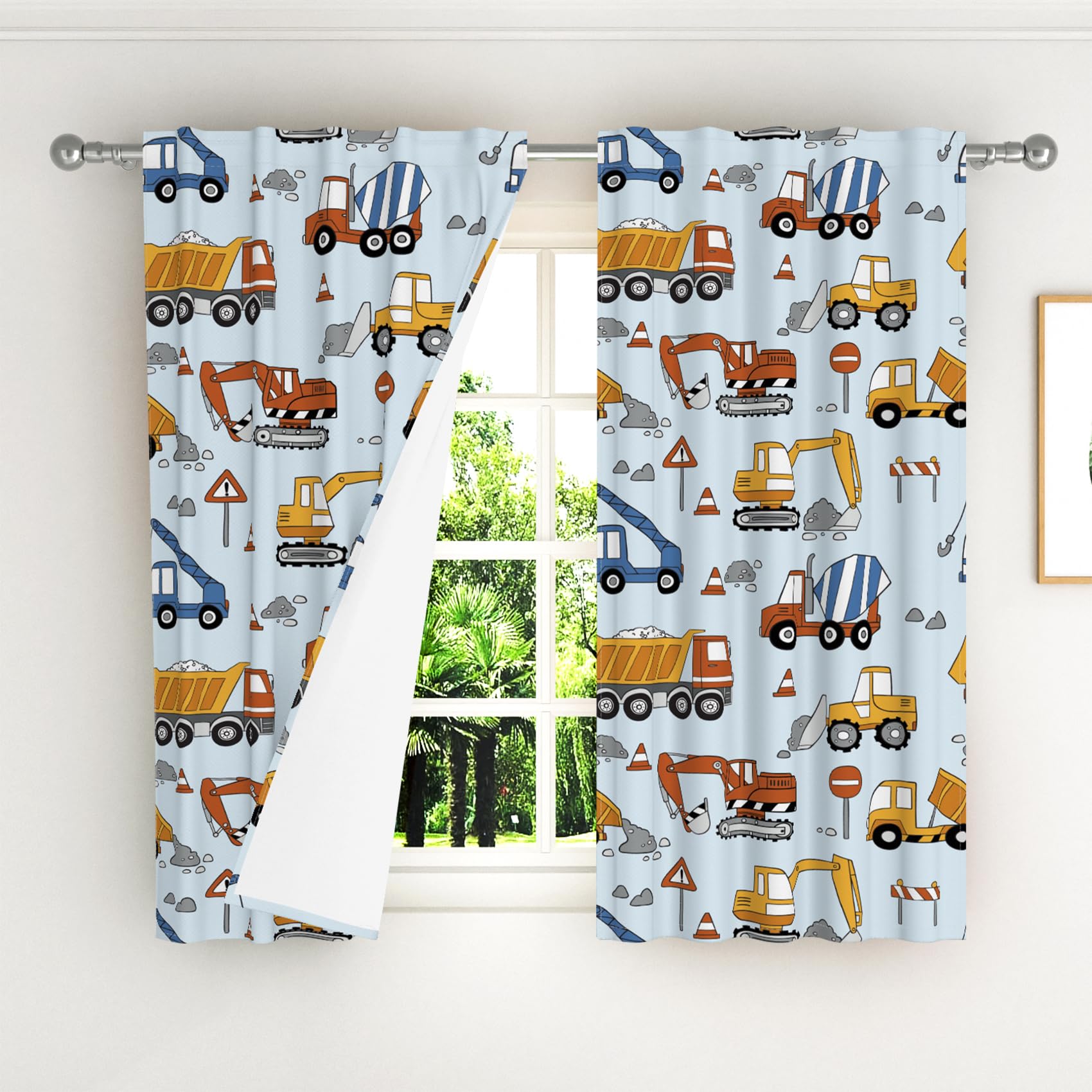 107x160cm Rideaux pour Enfants 2 Panneaux, Chantier de Construction camions excavatrice Grue Bulldozer Rideau Filtre la lumière, Décoration Bleu Jaune pour Chambre de garçon Enfant et Salon