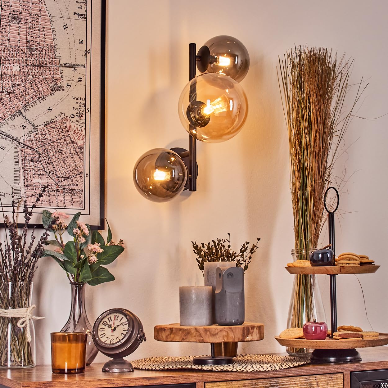 HOFSTEIN Wandleuchte Chehalis, Wandlampe aus Metall/Glas in Schwarz/Rauch/Bernstein, moderne Leuchte im Vintage-Design (Ø Schirme 12; 15 cm), G9, Wohnzimmer, Schlafzimmer, Küche, Flur, Treppenhaus