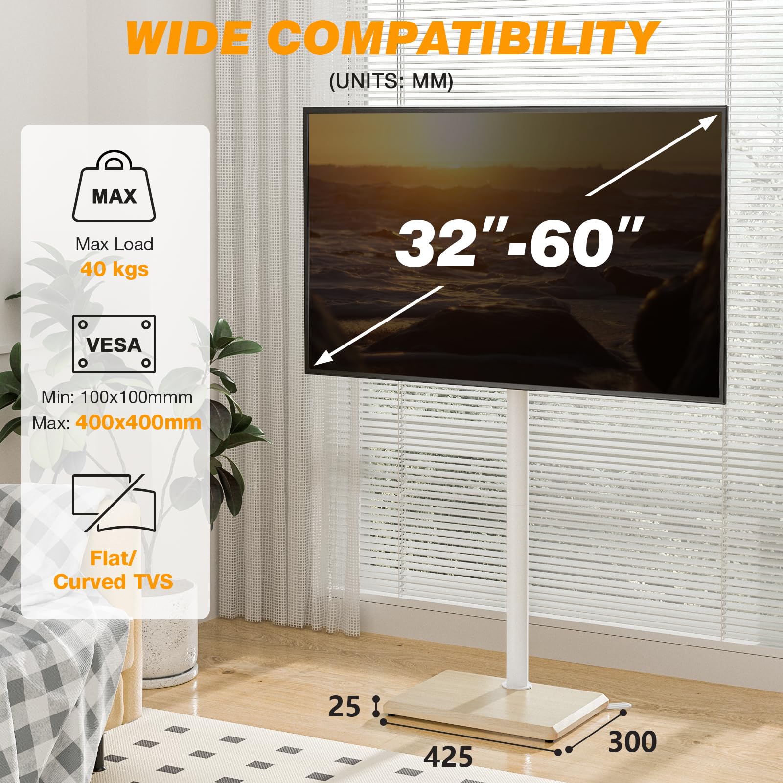 TVON Supporto da pavimento per TV da 32 a 60 pollici, alto con piedini di supporto, supporto angolare sottile per TV regolabile in altezza, supporto girevole per TV, max VESA 400 x 400 mm fino a 40 kg