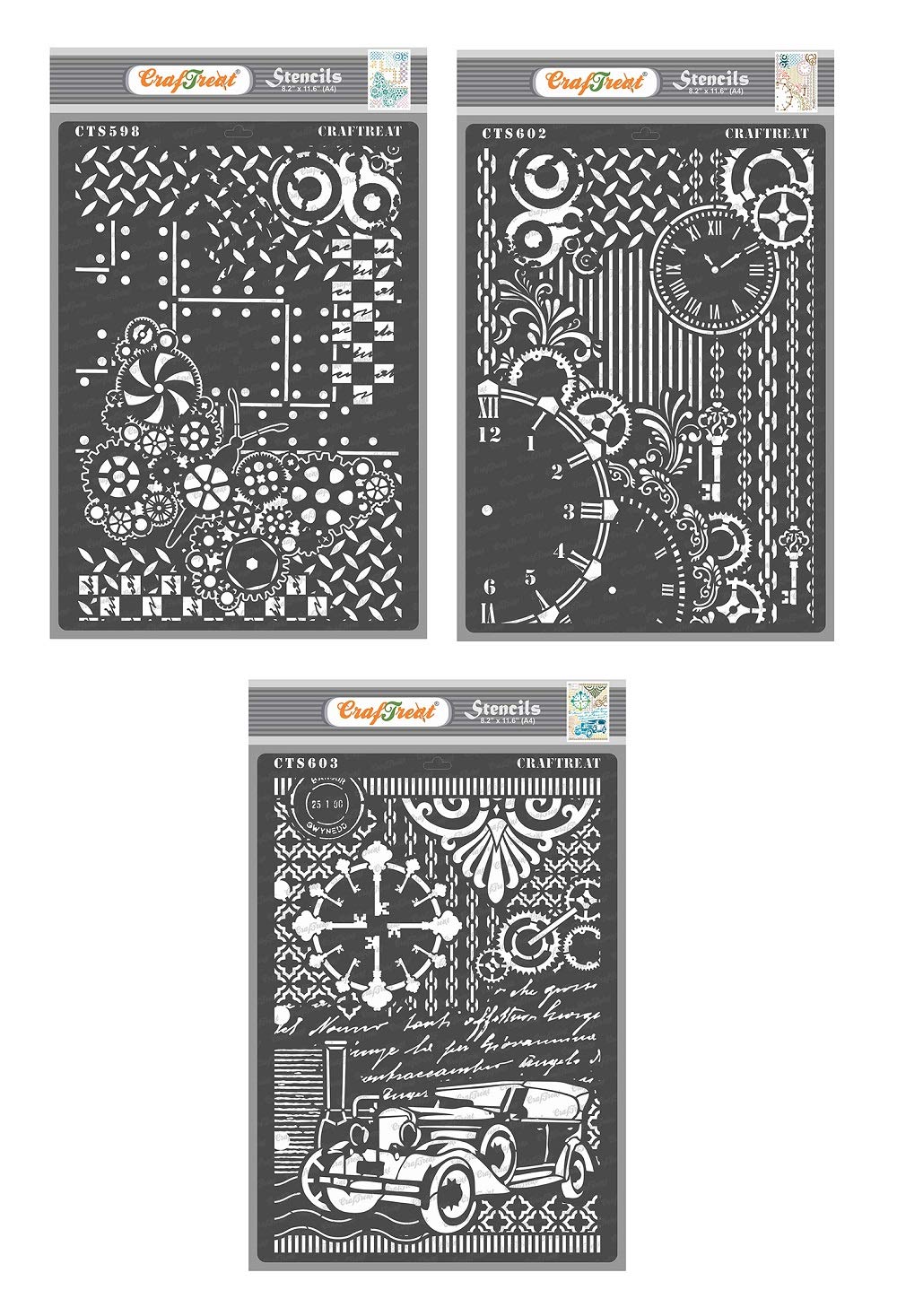 CrafTreat Reusable Stencils for Painting on Wood, Canvas, Paper and Fabric - Steampunk Butterfly, Clock and Key & Vintage Car - 3 Pcs - Size: A4 (8.3