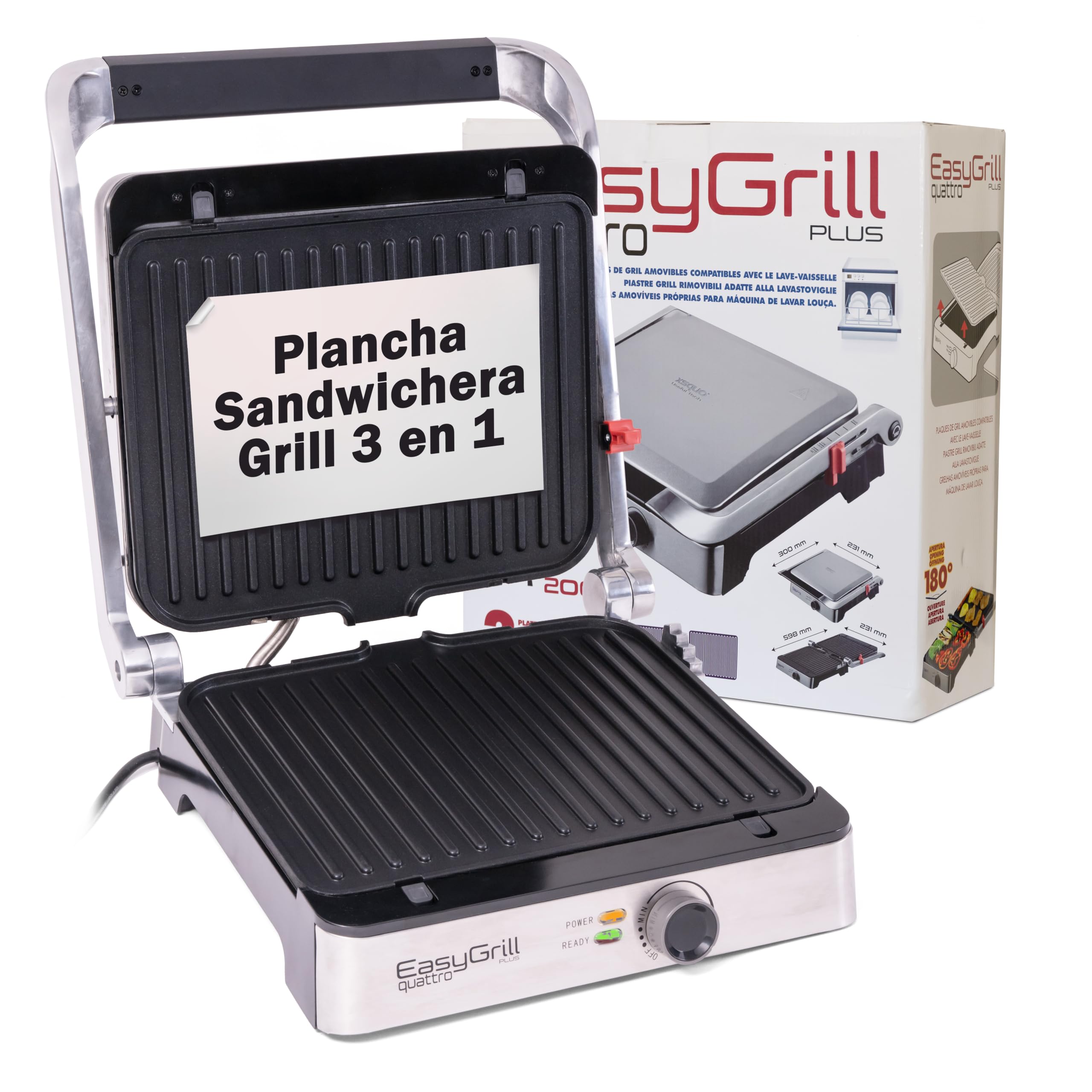 Parrila Electrica Grill 3 en 1 Sandwichera Antiadherente para Barbacoa Paninis Verduras Pescado Ajustable - Tostadora de Pan con Placas Desmontables Lavables 2000w Temperatura Regulable