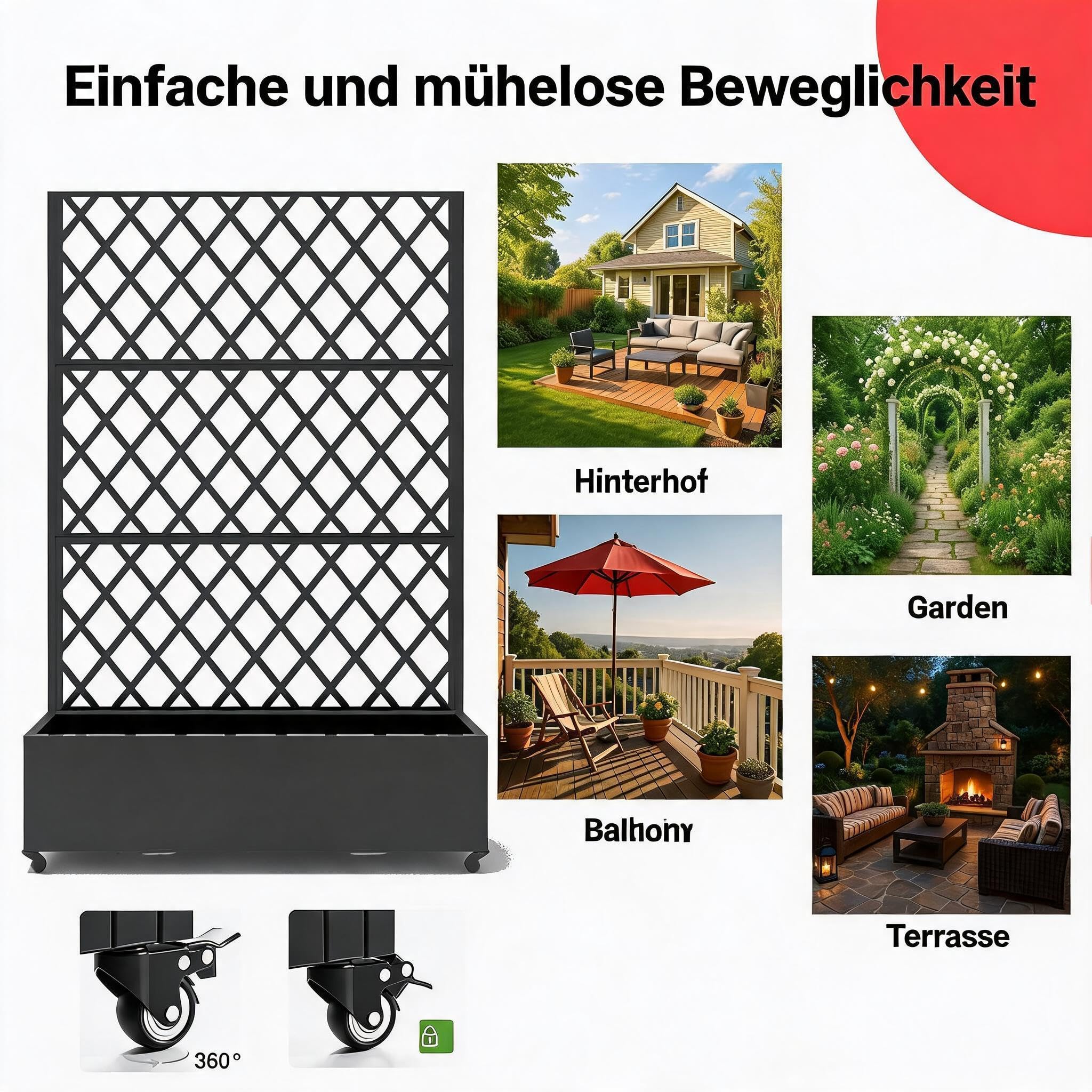 Pflanzkasten Mit Sichtschutz, Metall Blumenkasten Mit Spalier, Hochbeet Mit Rankgitter & Rollen & Drainageloch, Pflanzkübel Hoch 183x119x45cm Für Garten, Balkon Und Terrasse, Schwarz-A