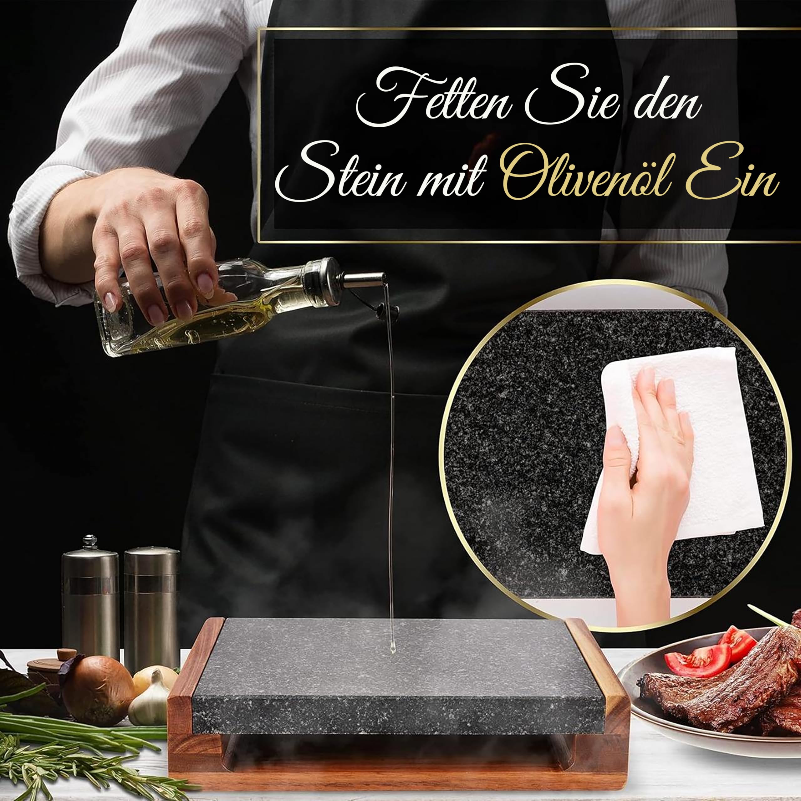 Nutrichef Heißer Stein, Lavastein, Steingrill- für Steak, BBQ & Fleischgrillen, Steak Platte- mit Edelstahlmessern, Steinplatte- Kocht & bewahrt Hitze und Geschmack, Beheiztes Steakbrett zum Servieren