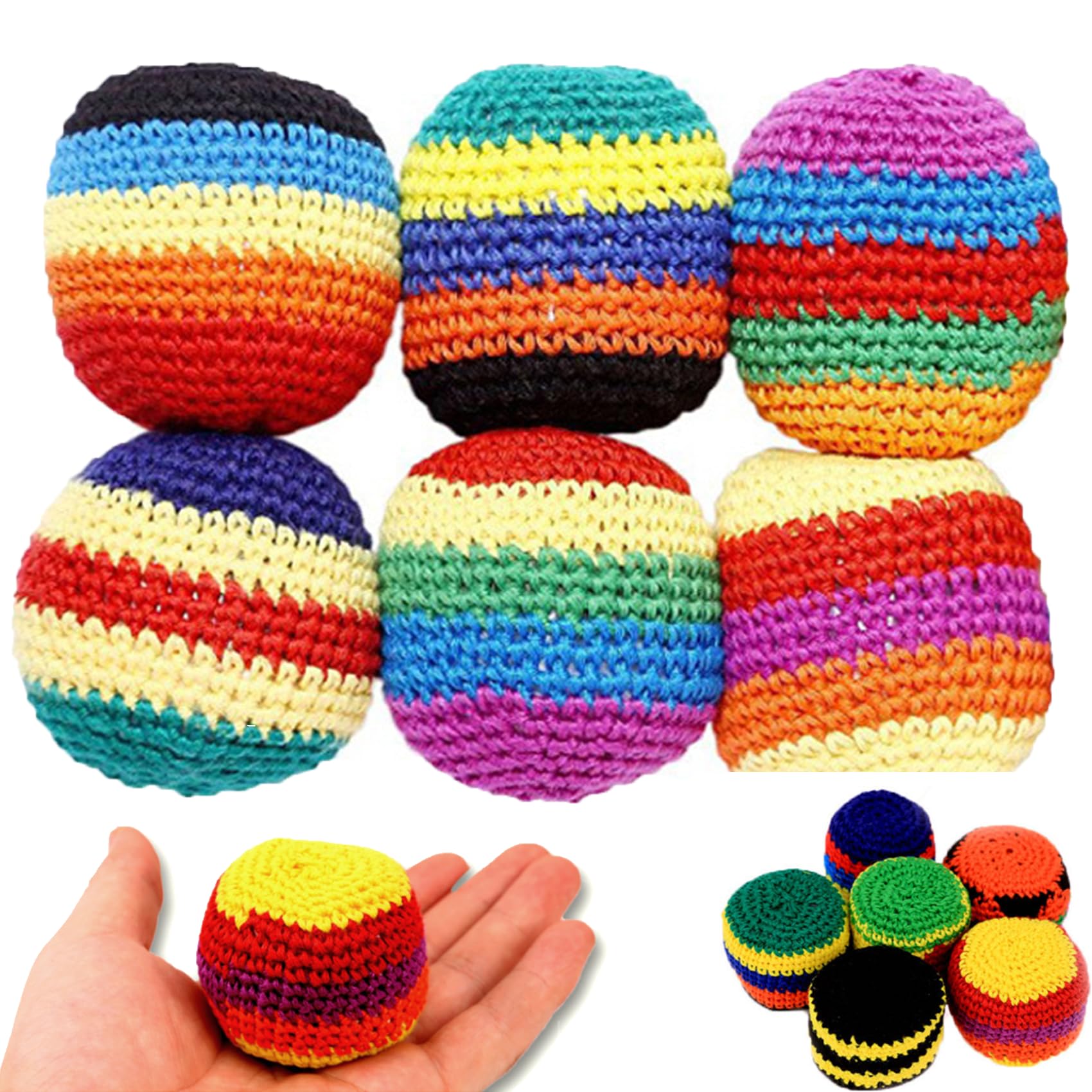 6PCS Hand-Made Knitted Hacky Sack, 2026 Upgraded Assorted Foot Bag Crochet Hacky Sacks for Adults, Juggling Balls for Beginners, Multicolored Geometric Pattern, Ready-to-Use Hacky Sacks (6pcs)